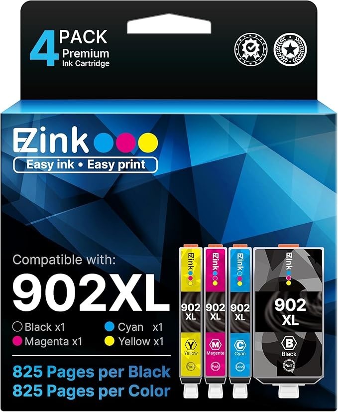 New E-Z Ink Pro 902XL compatible cartridge 4-pack. Includes 2x Black, 1x Cyan, 1
