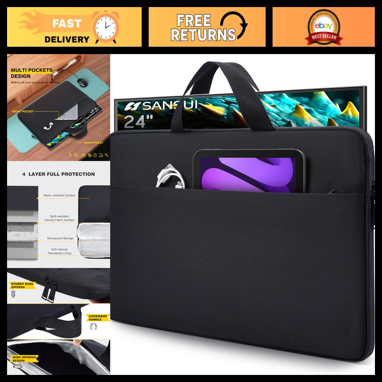 24" Portable Monitor Case - Protective Sleeve for 23.8-24" Monitors, Black Bag