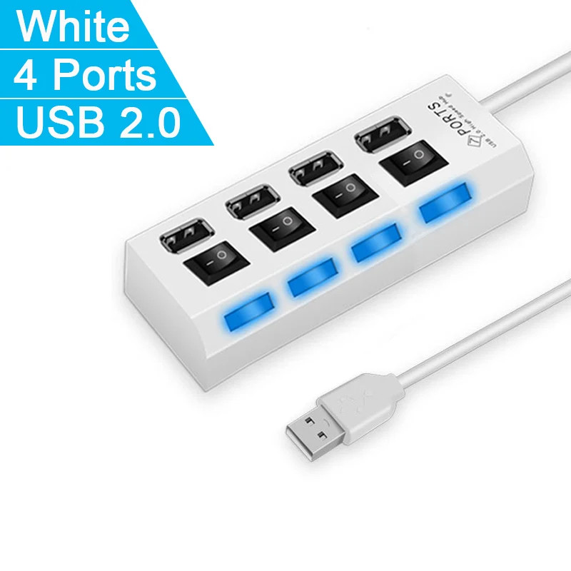4/7-Port USB 2.0 Hub Multi-Port Splitter Adapter With LED Switches For Laptop PC