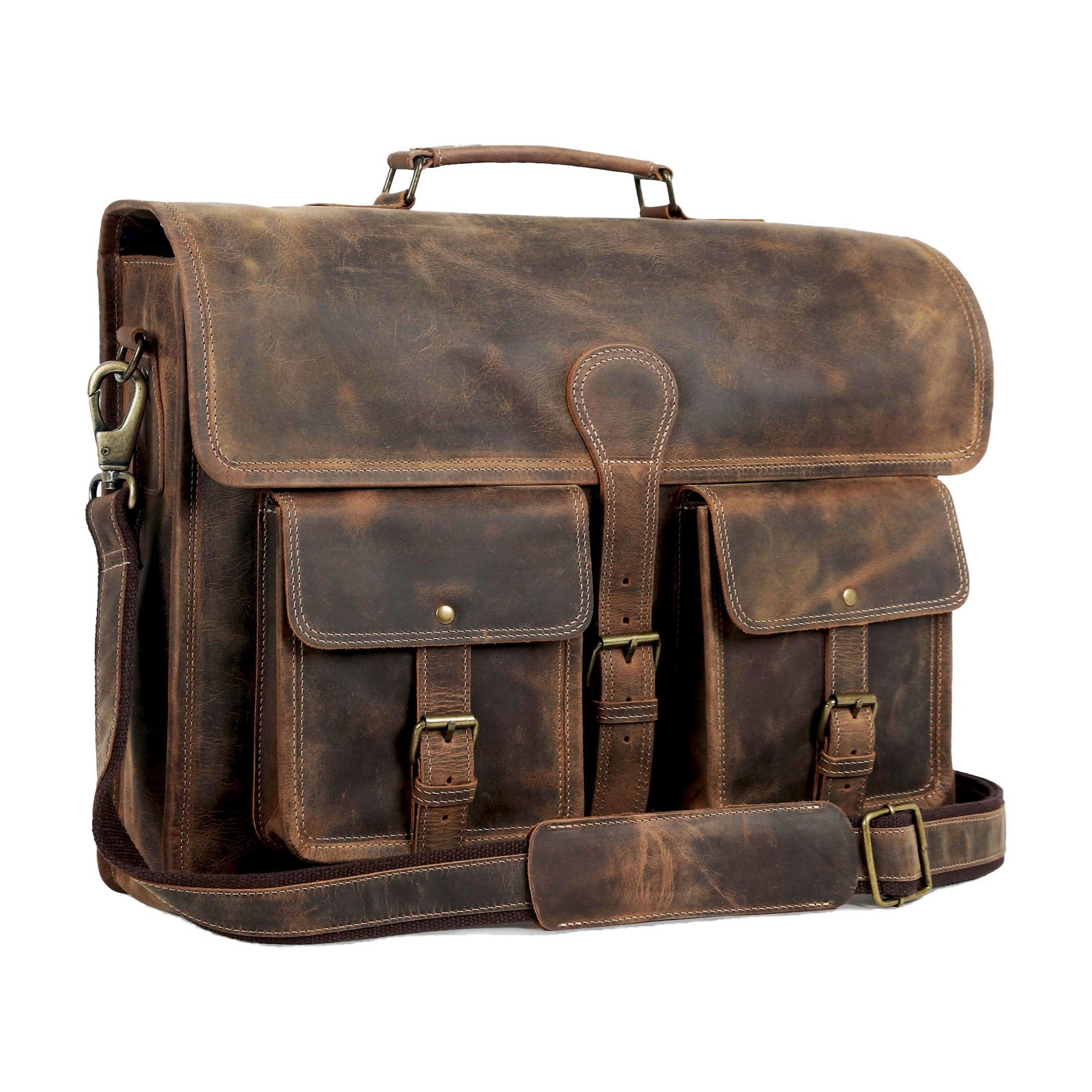 Leather briefcase 18 inch laptop messenger bag for men and 18 inch, Brown