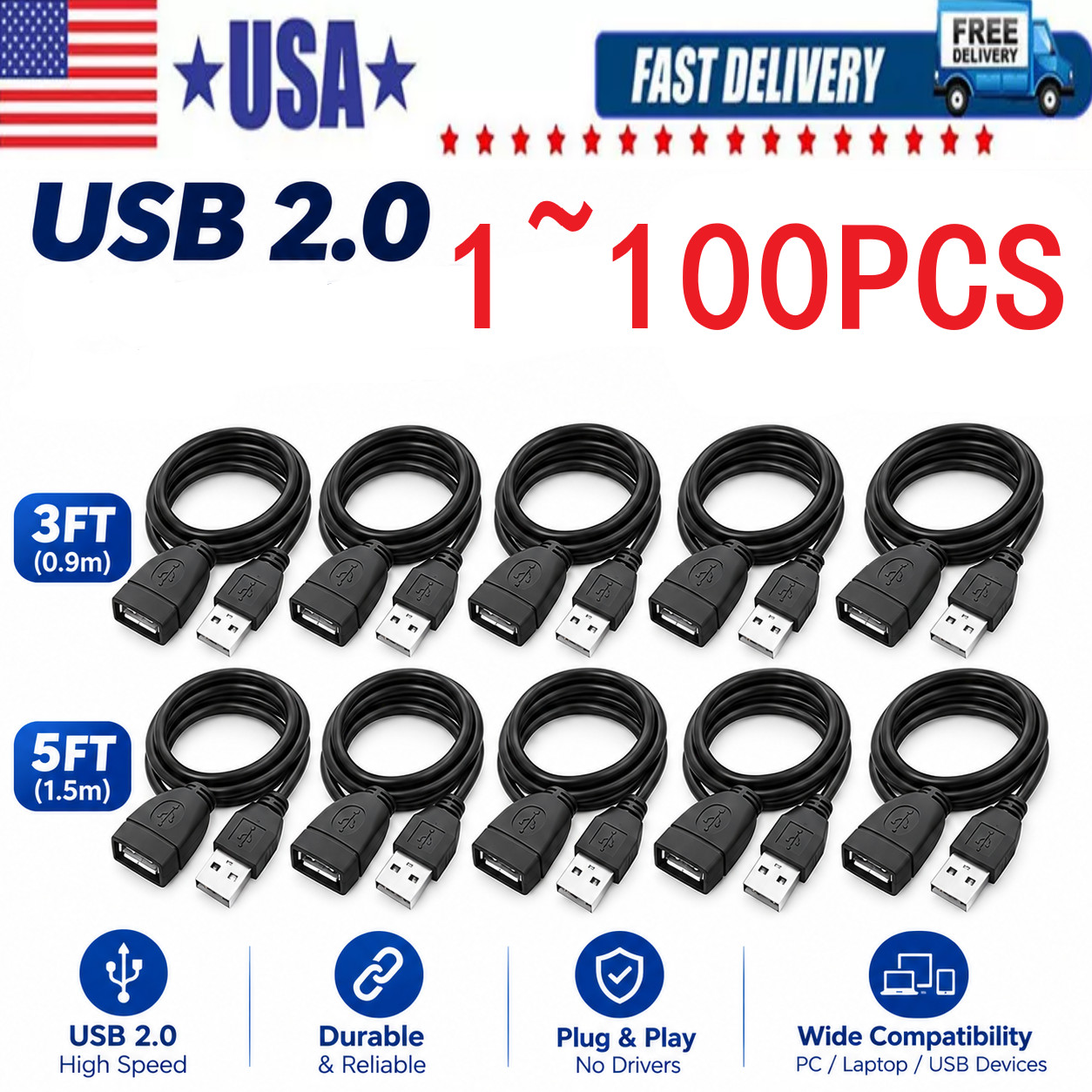 High-Speed USB-USB Extension Cable USB 2.0 Adapter Extender Cord Male/Female LOT