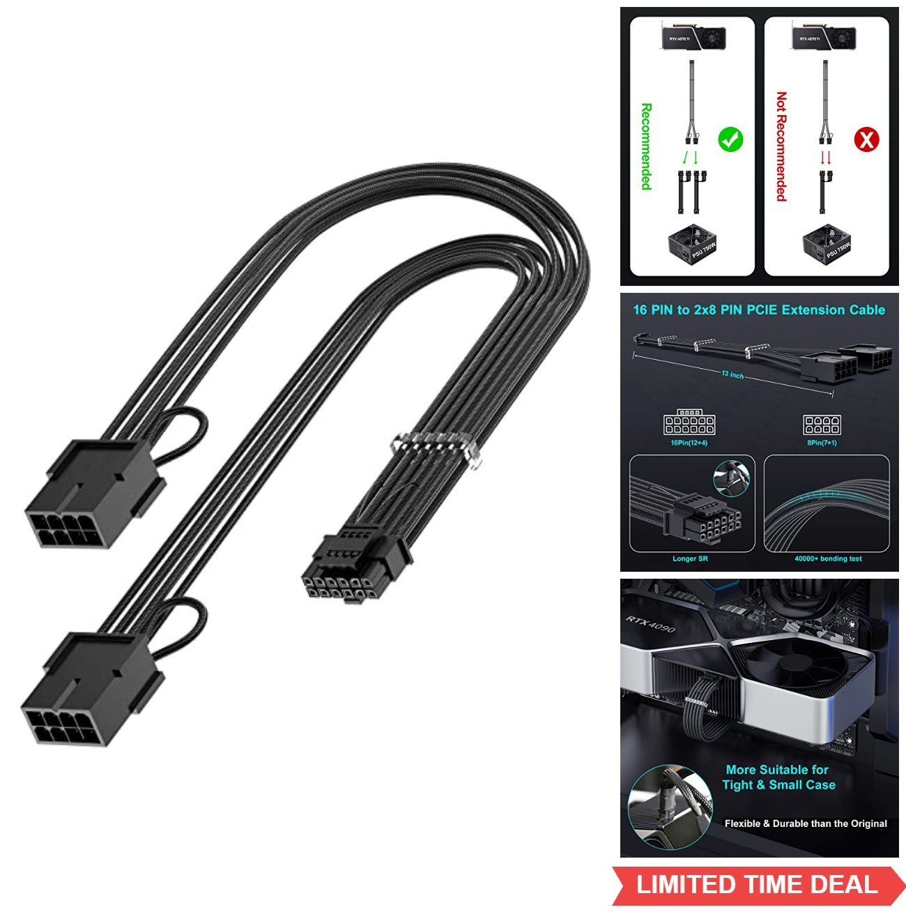 PCIE 5.0 16Pin 12VHPWR GPU Power Extension Cable 2x8Pin Male to Female 16AWG 13