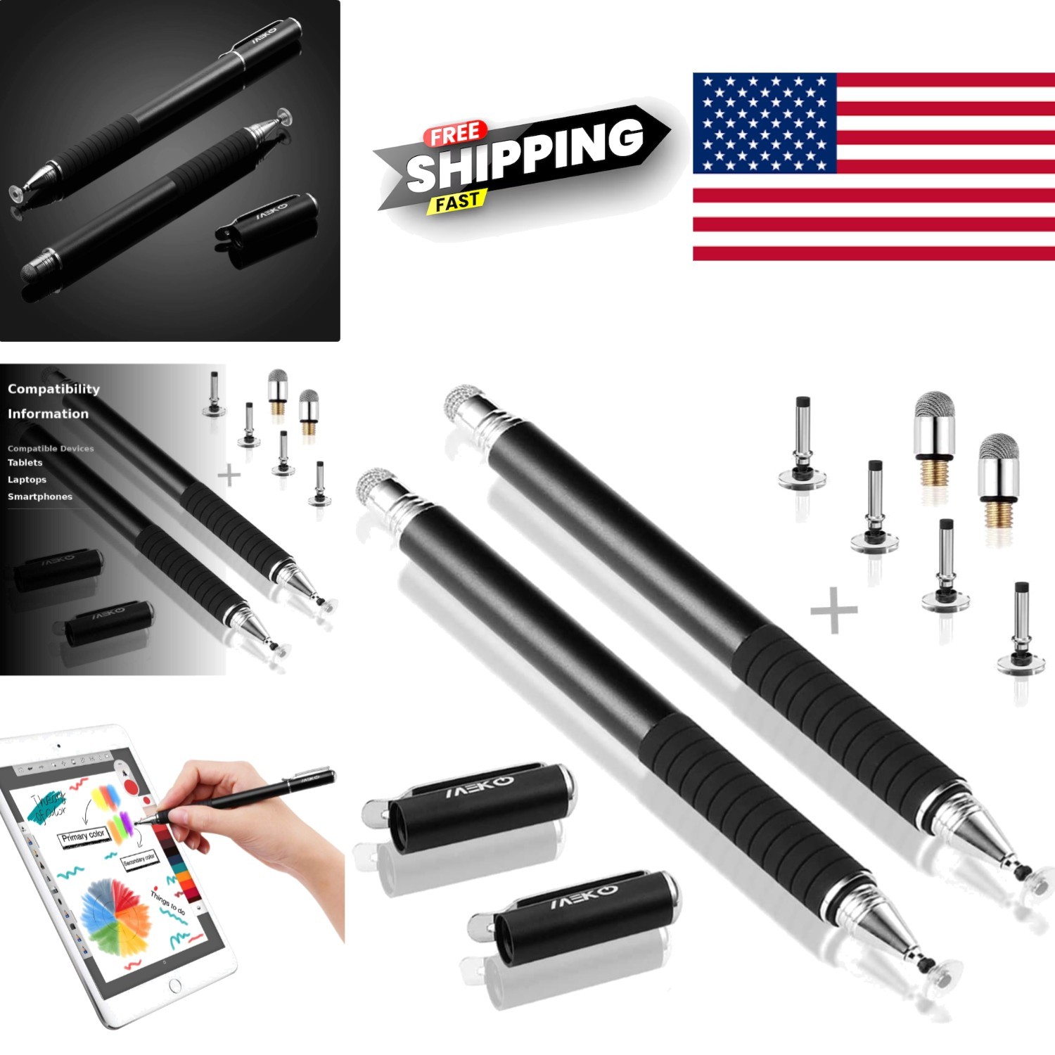 Precision Stylus for Tablets and Smartphones 2 in 1 Black with Replacement Tips