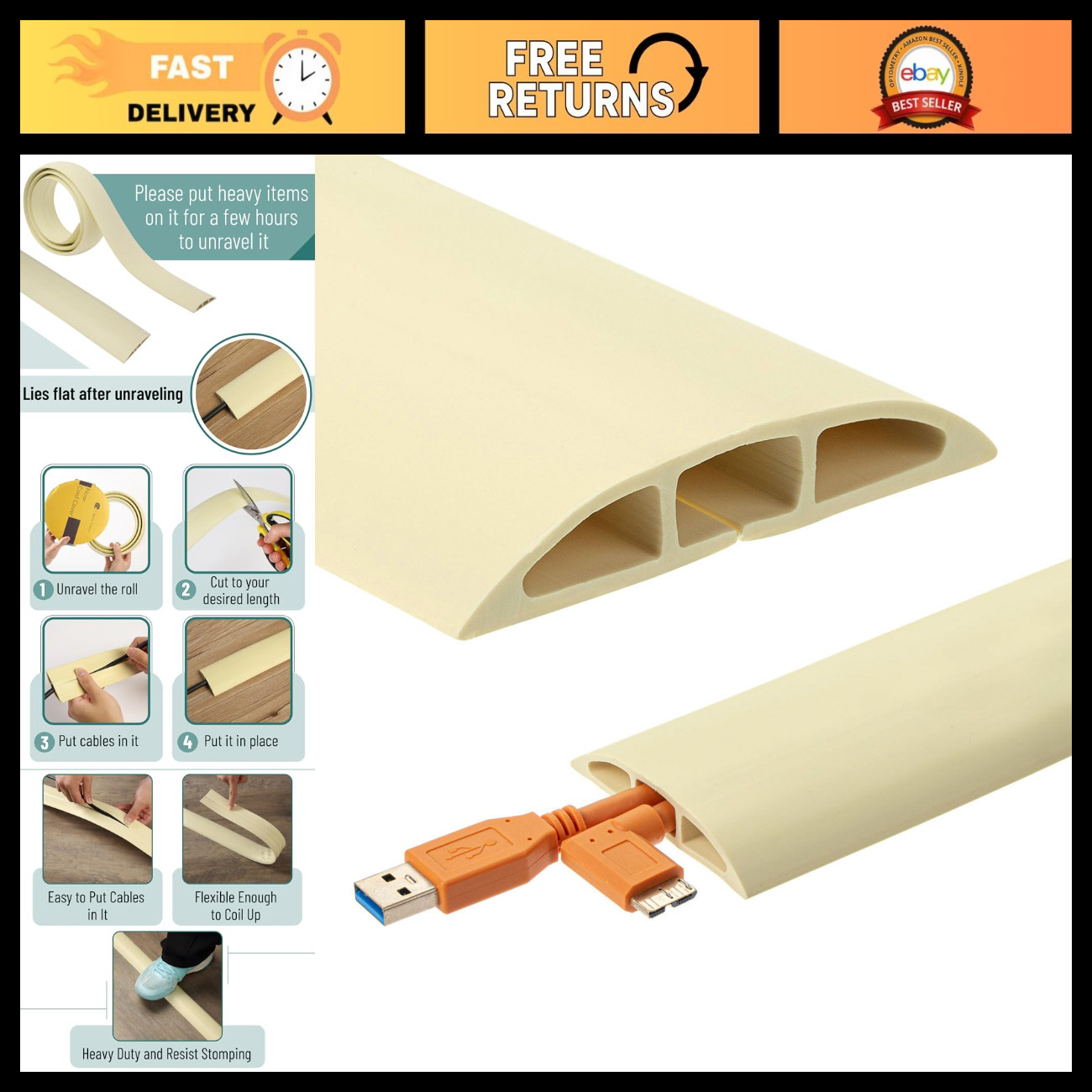 30ft Heavy Duty Floor Cord Cover - Cable Protector, PVC Wire Hider for Home/Offi