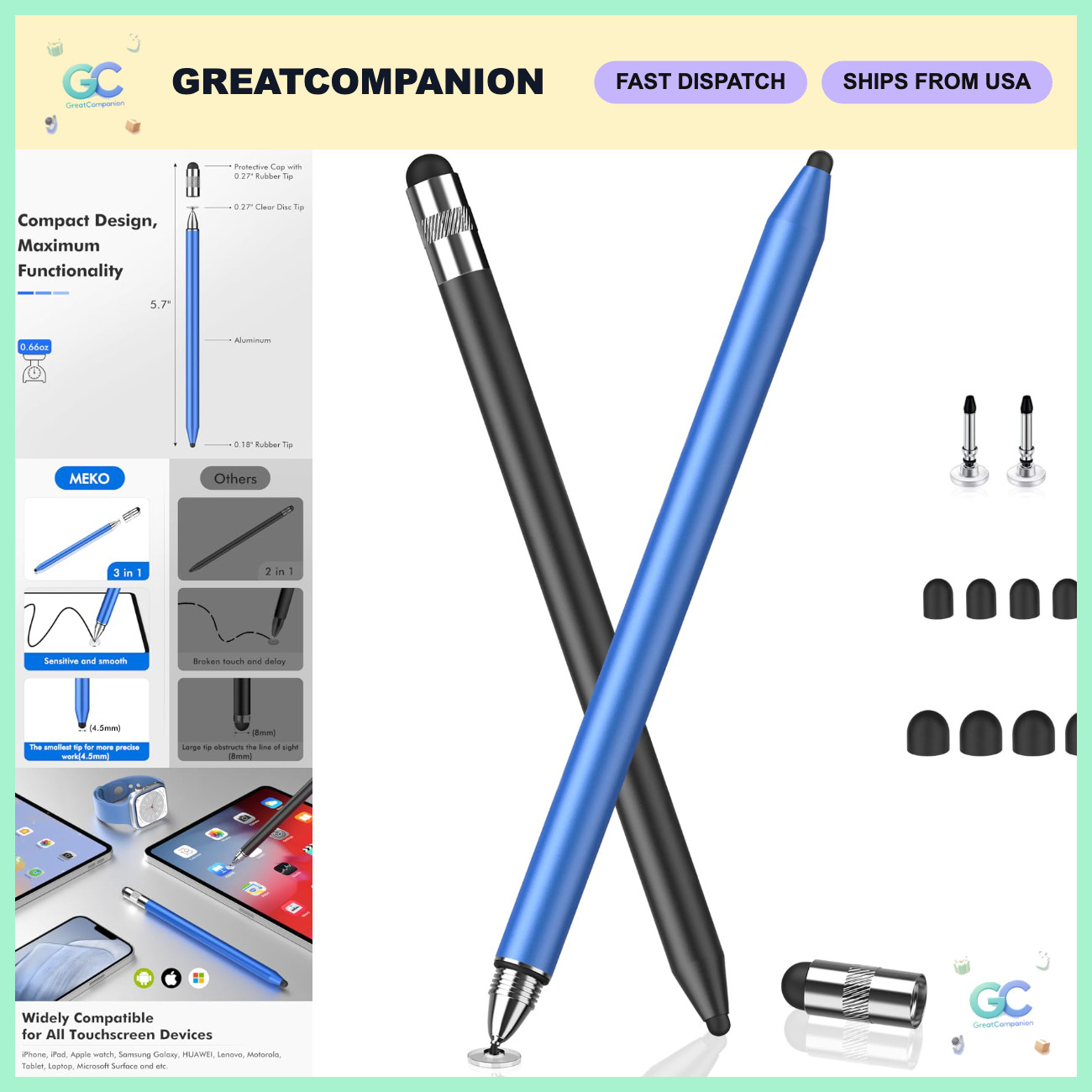 3-in-1 Touchscreen Stylus Pen for iPad, Tablets & Smartphones - Precision & Vers