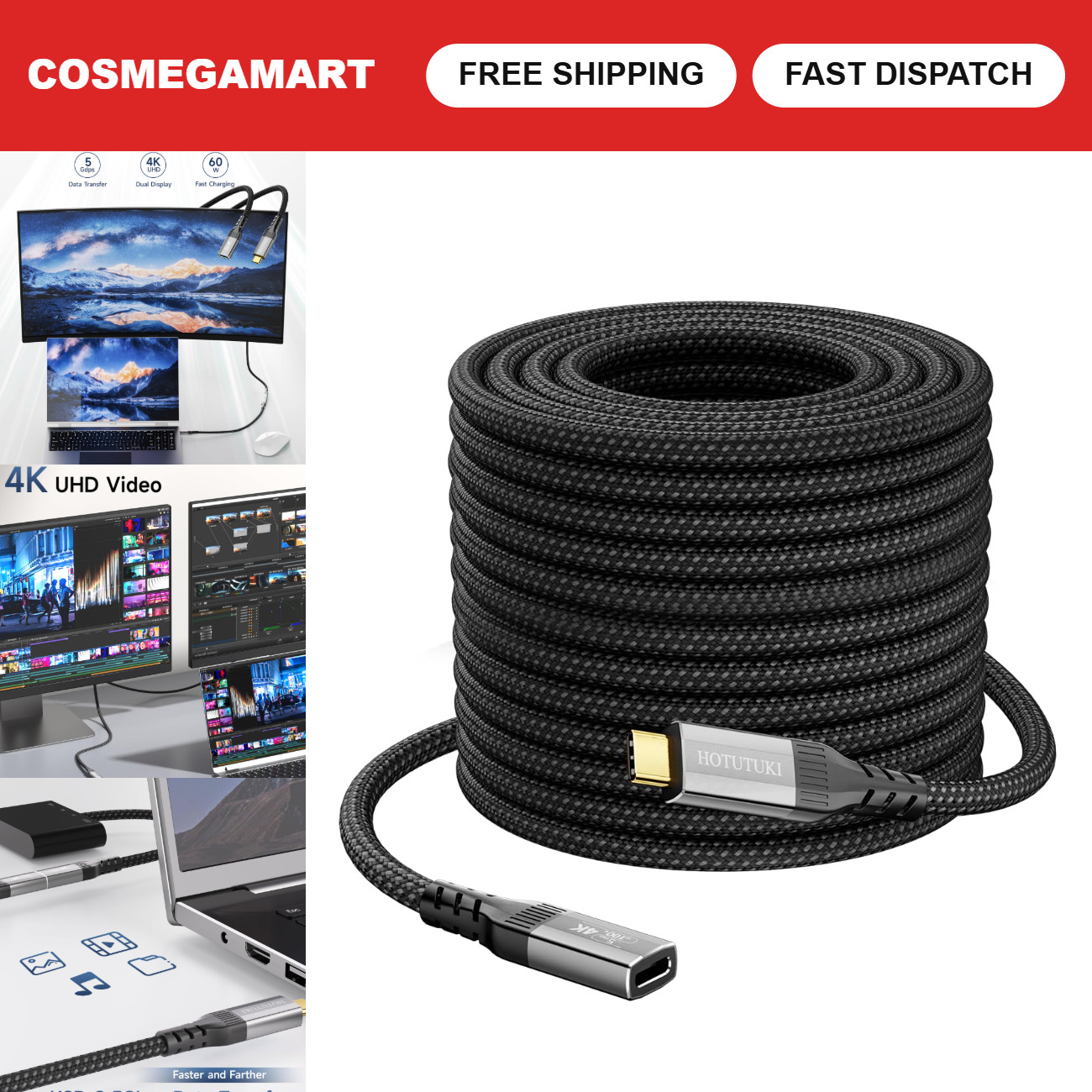 33FT USB C Extension Cable, 5Gbps Data, 60W Power, 4K Video, Nylon Braided, Type
