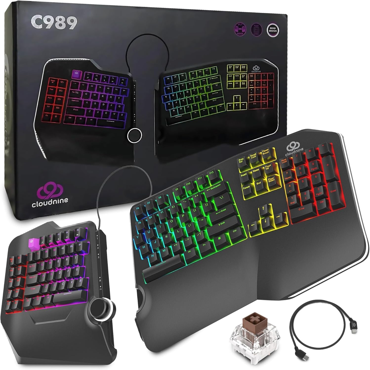Cloud Nine C989M Ergonomic Split Mechanical Keyboard RGB Kailh Brown USB, READ