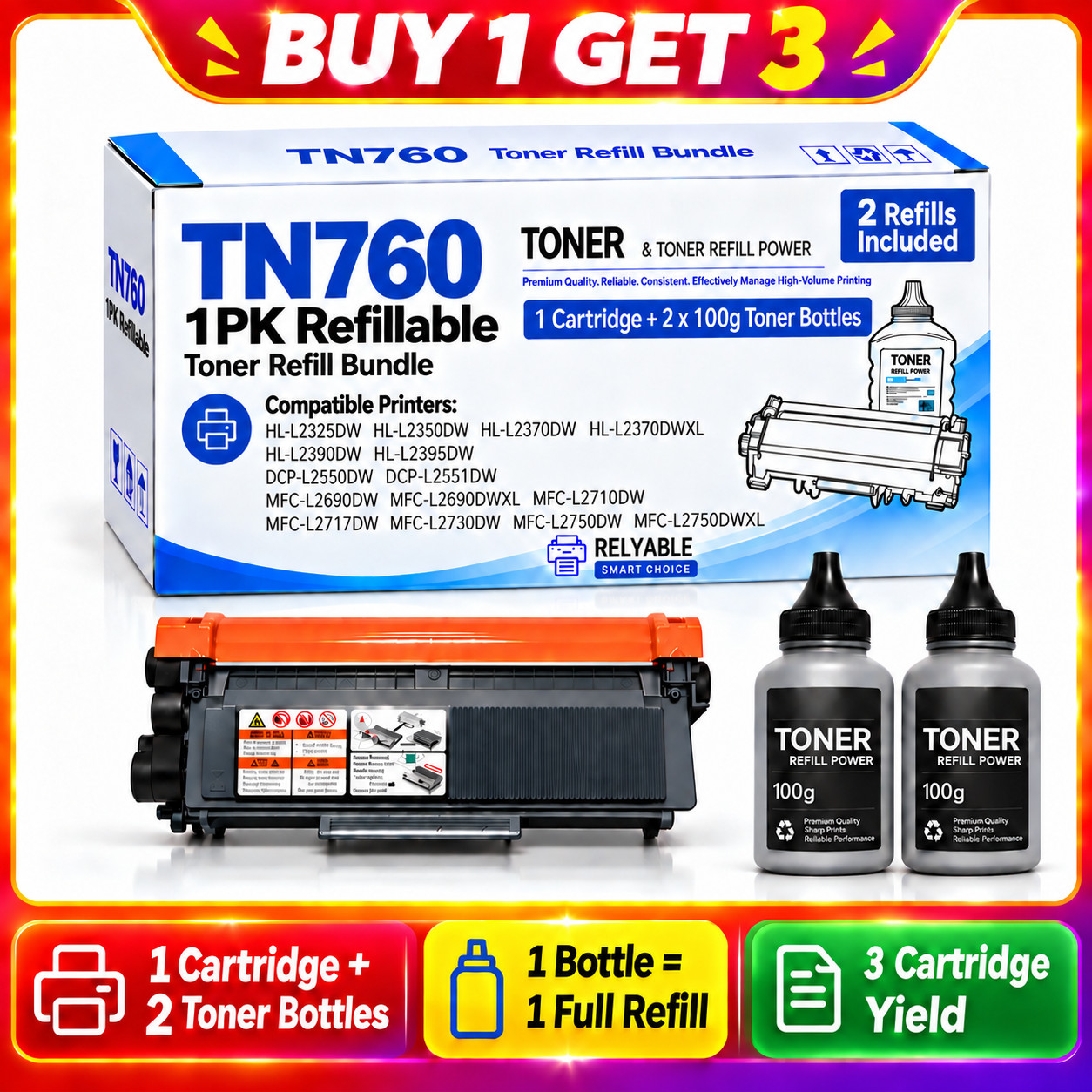 TN760 Black Toner for Brother Printer 1PK Refillable + 2x100g Toner Powder 