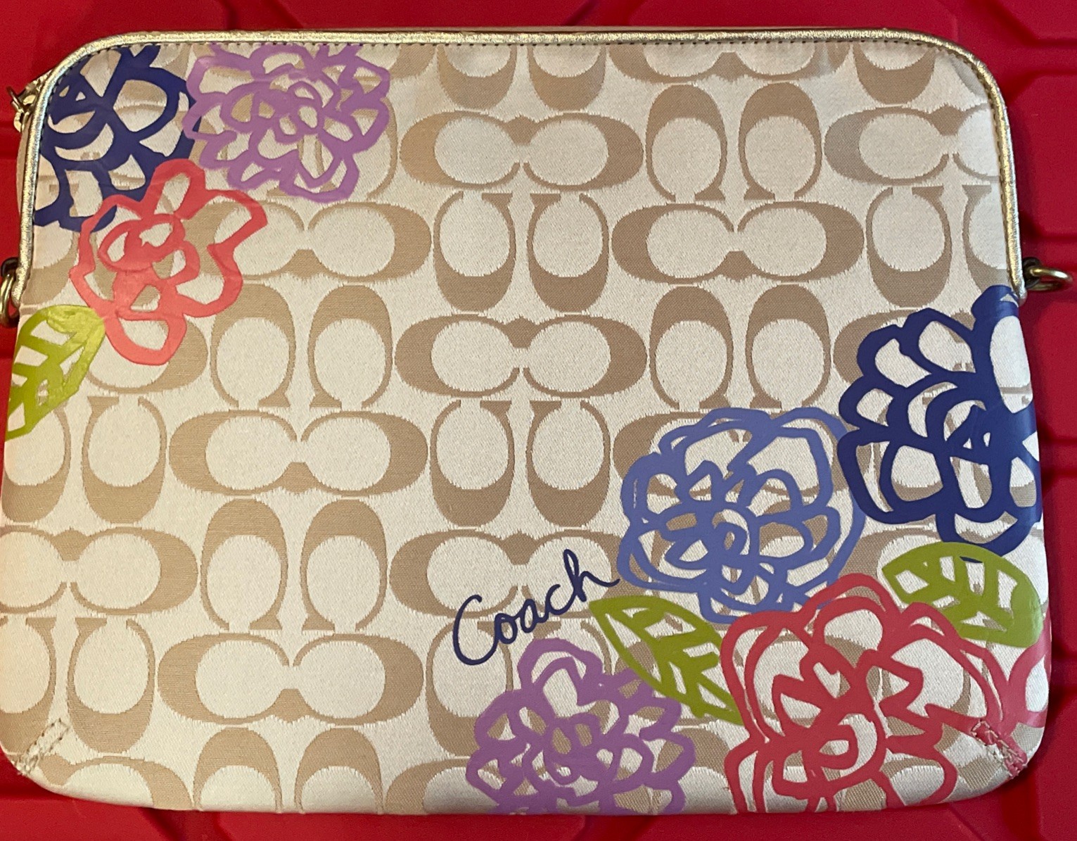Coach Daisy Poppy Applique Signature Khaki Tablet iPad Sleeve Case Brown Logo