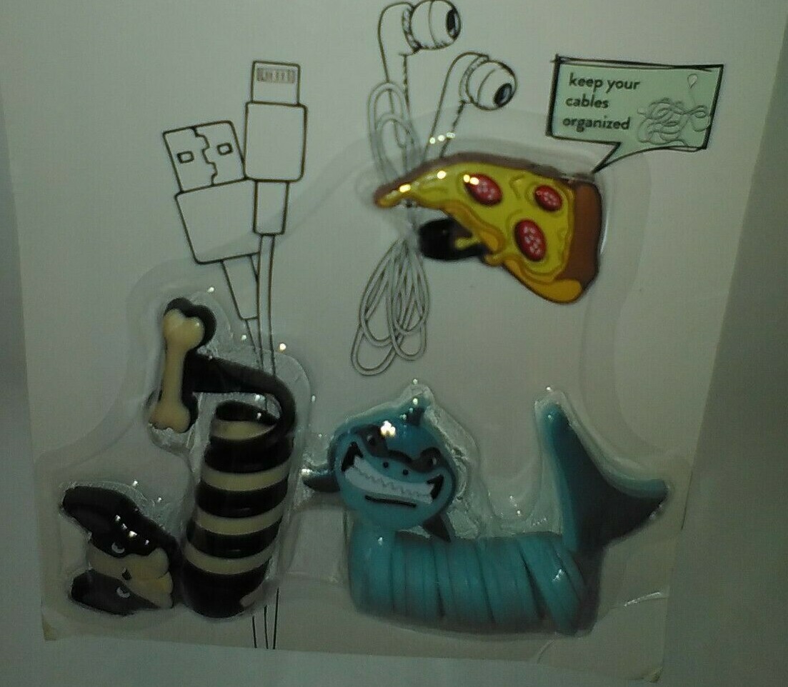 French BullDog, Pizza, Shark 3 Silicone Cable Ties EarBud/Headphone Cord Holder
