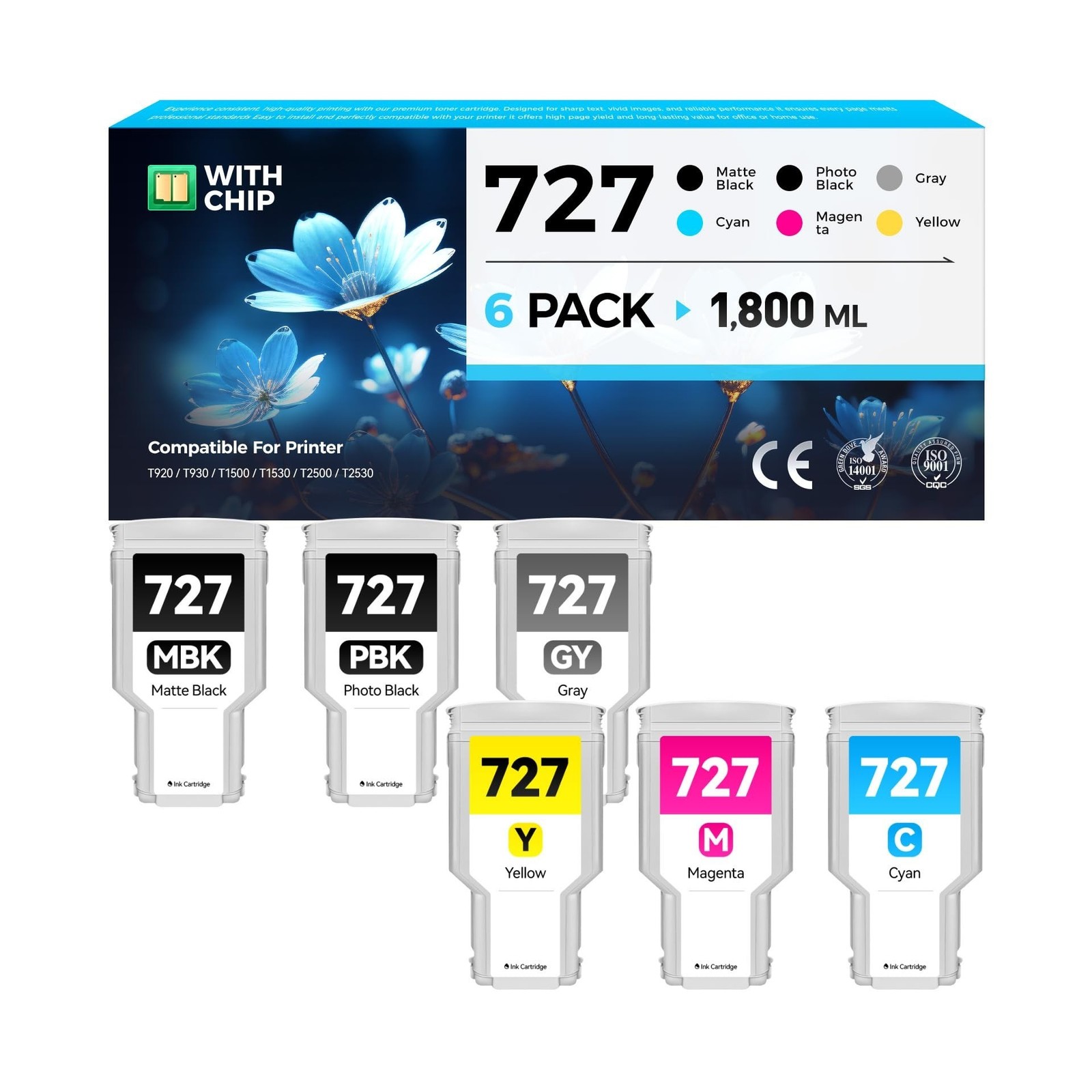 727 Ink Cartridges set 6-Pack 300-ml High Yield Replacement for HP 727 Ink F9...