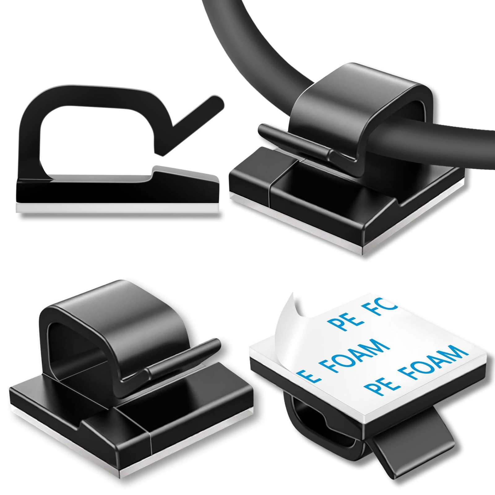 100 Pcs Cable Clips | Self-Adhesive Wire Management | Black