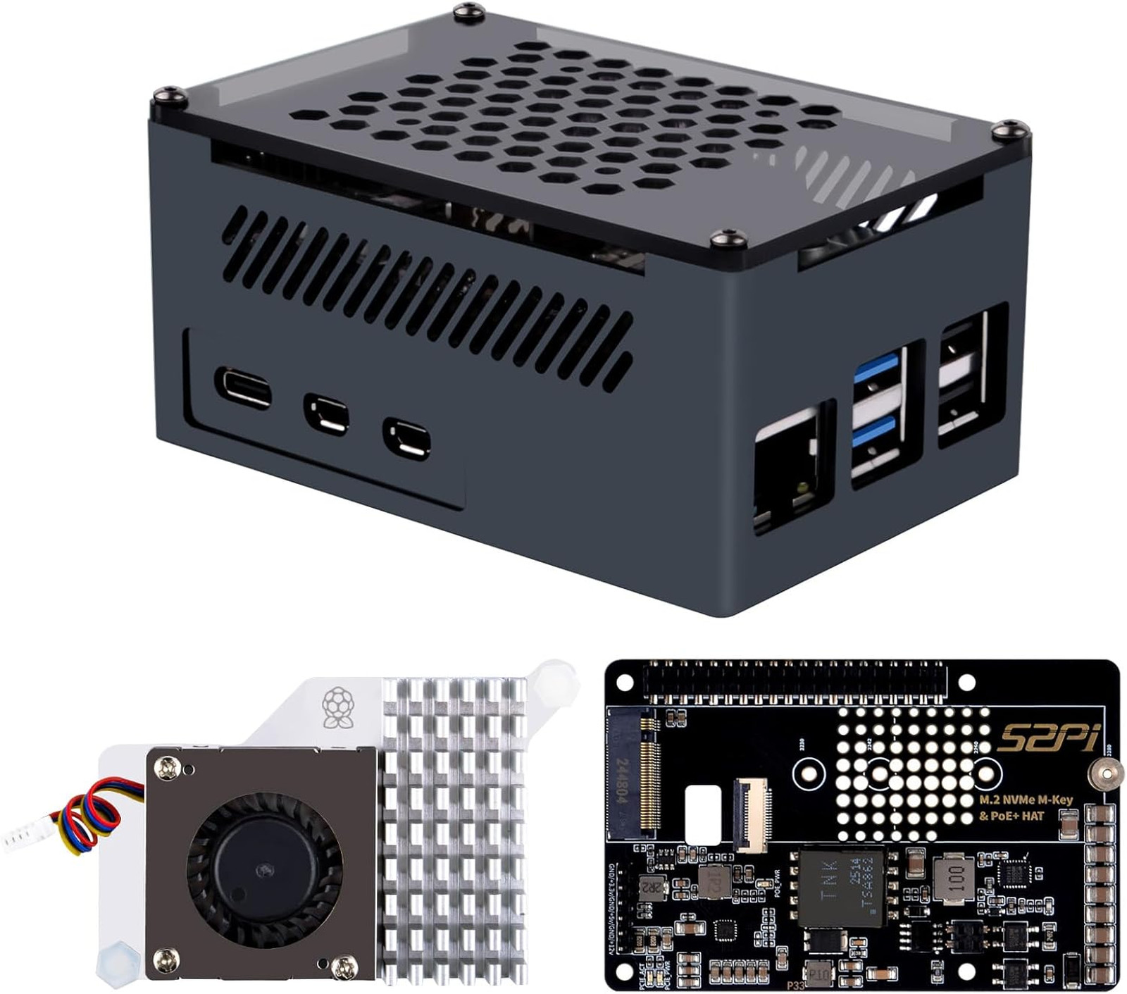 M.2 NVMe PoE Plus Hat Aluminum Case for Raspberry Pi 5 with Active Cooler