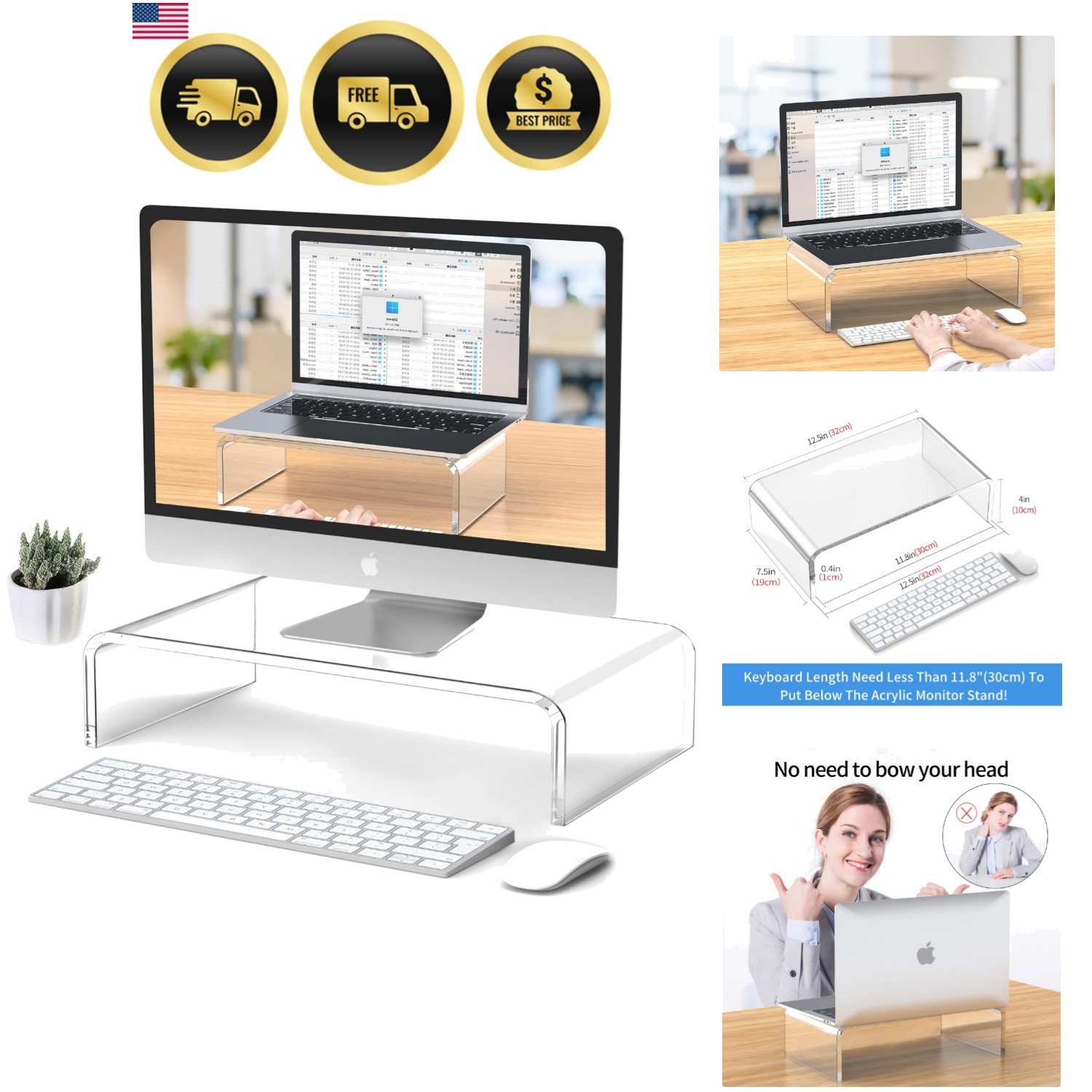 Acrylic Monitor & Laptop Stand Riser - Clear Computer & Laptop Stand for Desk...