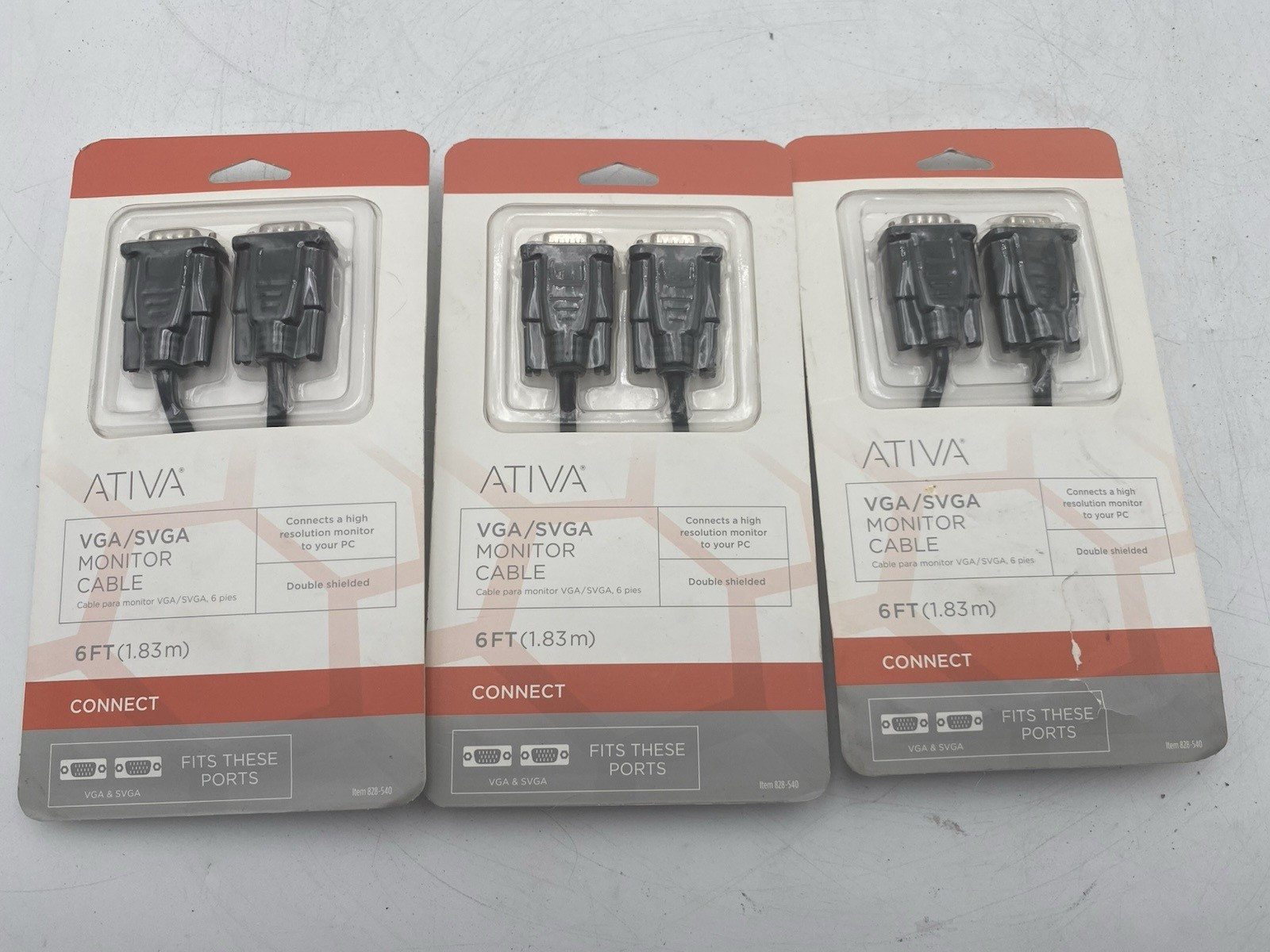 LOT OF 3 Ativa VGA/SVGA Monitor Cable 6 Feet HDB Two HDB15 Male Plugs