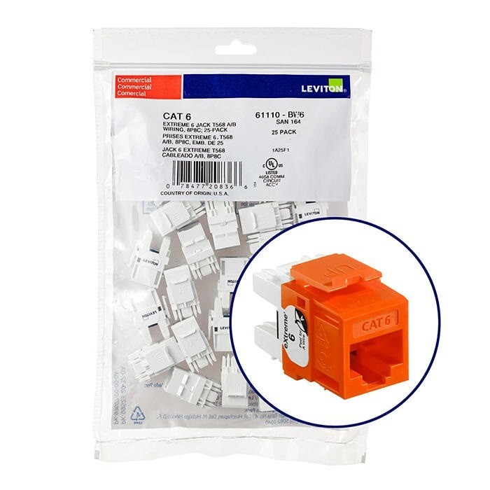 Leviton 61110-BO6 Extreme Category 6 8P8C UTP Quickport Jack Orange 25-pack