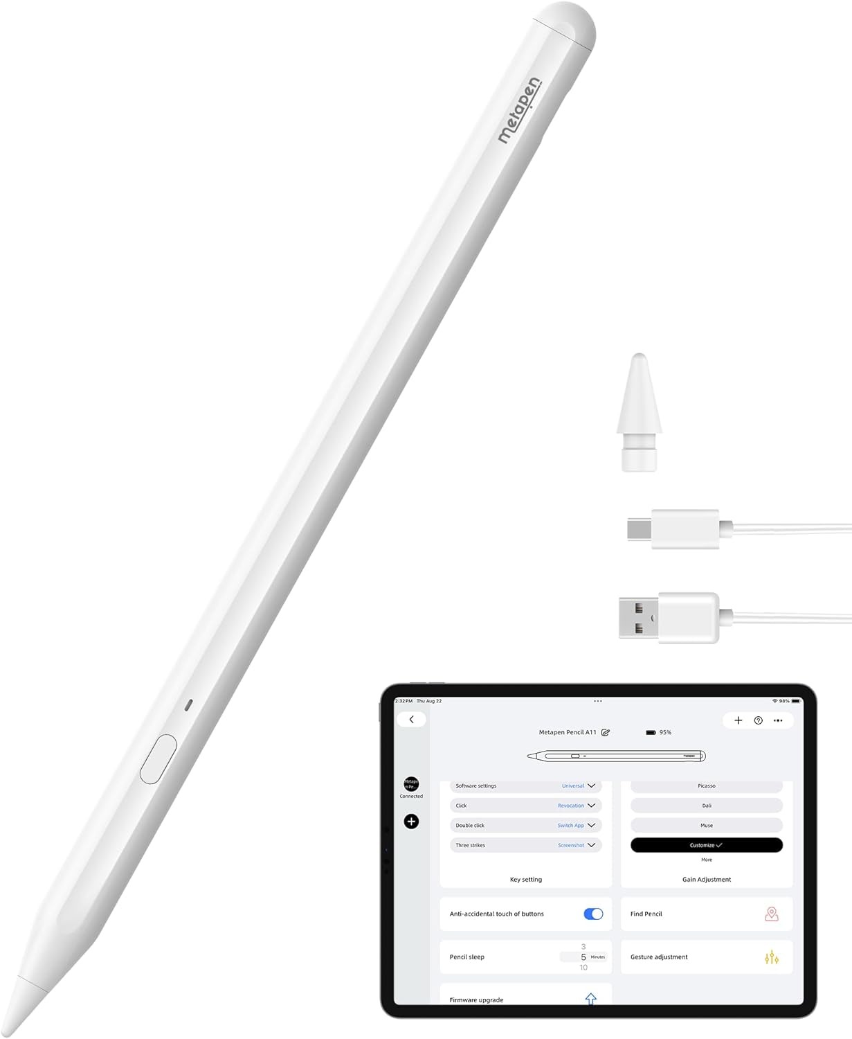 Metapen Pencil A11 for iPad 6th-11th, Quick Button & Bluetooth, 2X Fast Charge S