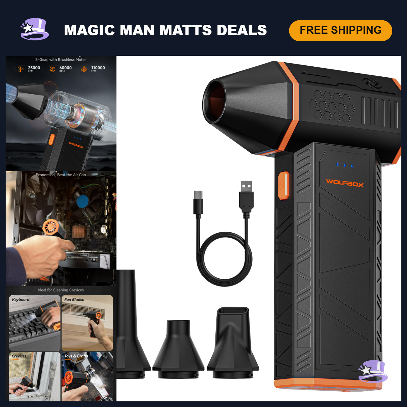 High-Power Compressed Air Duster, 110,000 RPM, 3-Gear Adjustable, MegaFlow 50