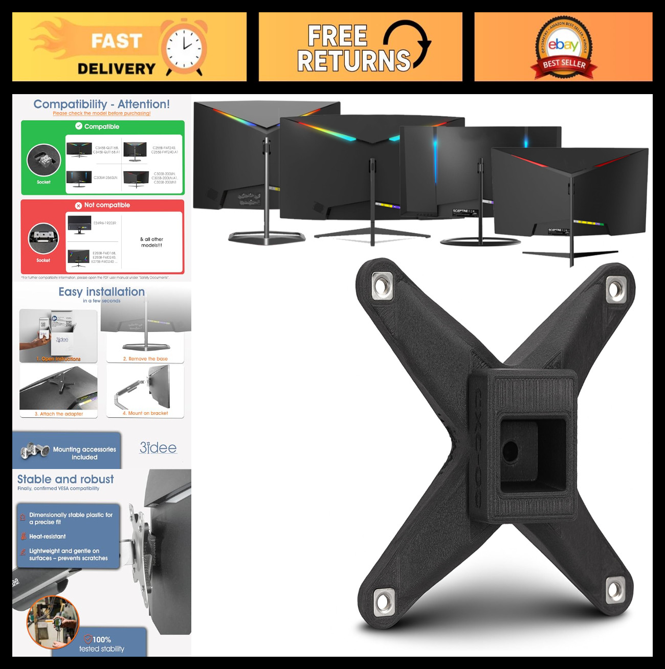 VESA Mount Adapter for Sceptre Monitors - Easy Install, Stable & Robust, 75x75