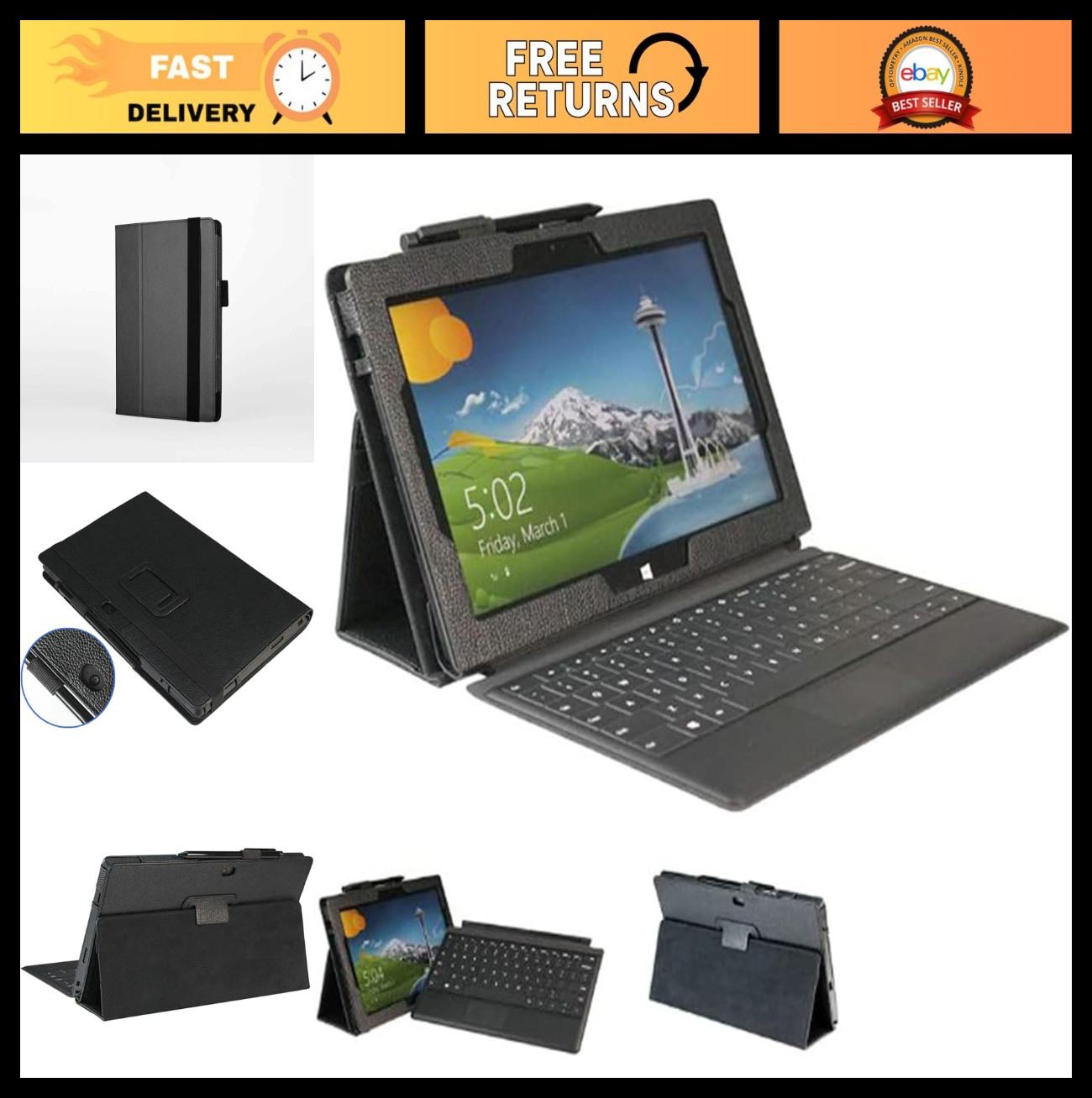Ultra Slim Folio Stand Leather Case for 10.6" Surface Pro 1 2 - Black Tablet Cov