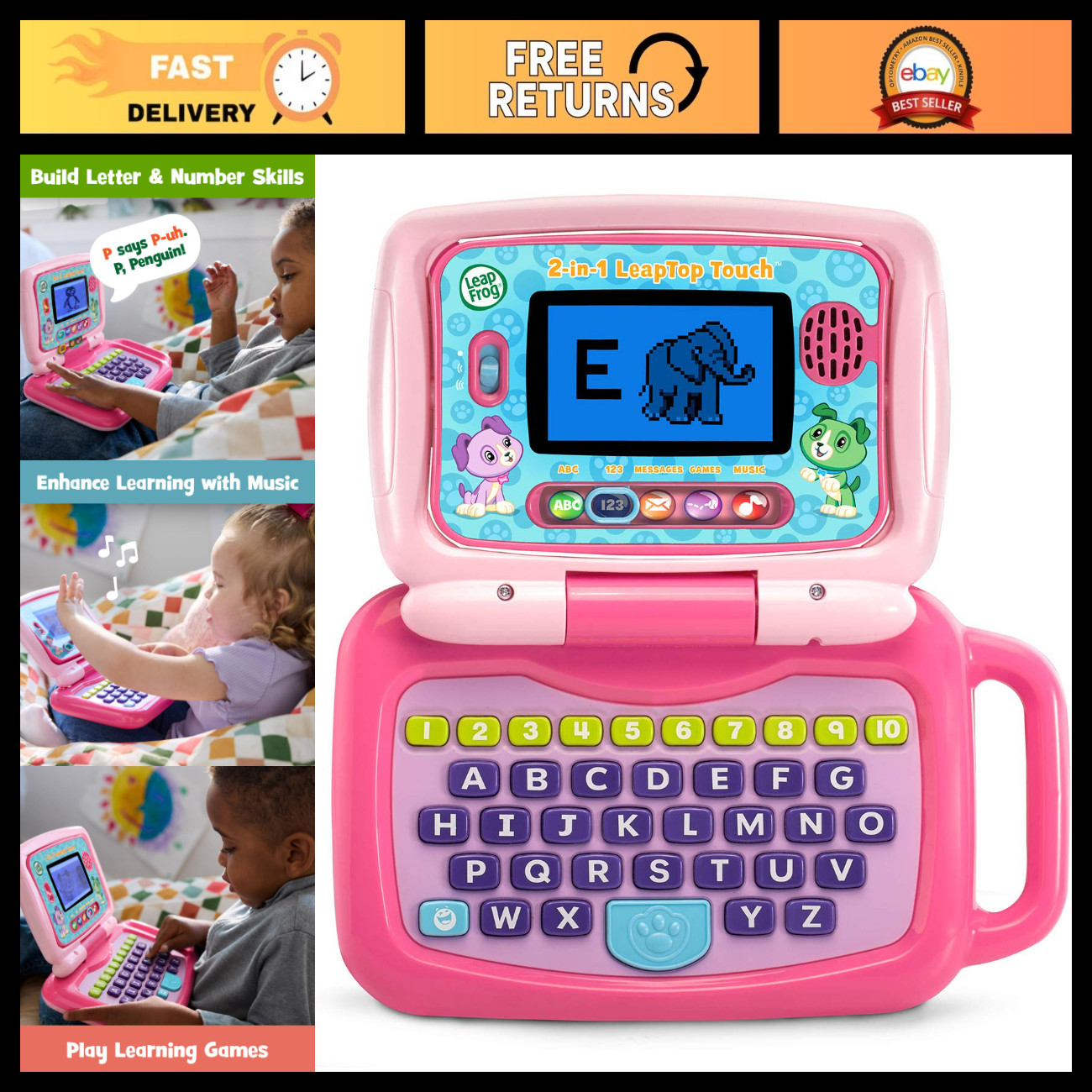2-in-1 Touchscreen Laptop Toy for Kids, Educational Learning Playset, Pink