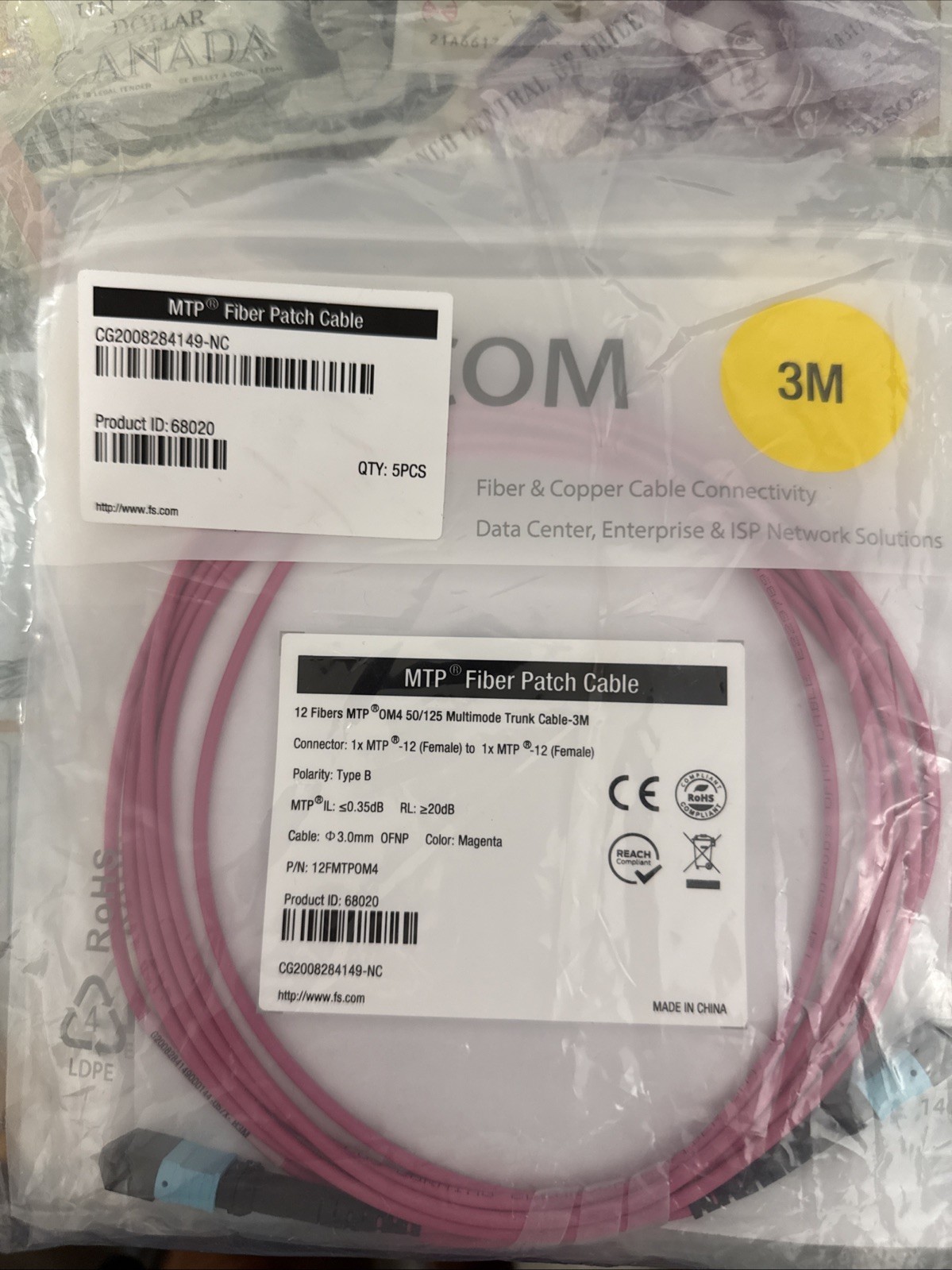 Lot 5 FS MTP/MPO Fiber Patch Cable 12 Fibers MTP OM4 50/125 Multimode Trunk 3M