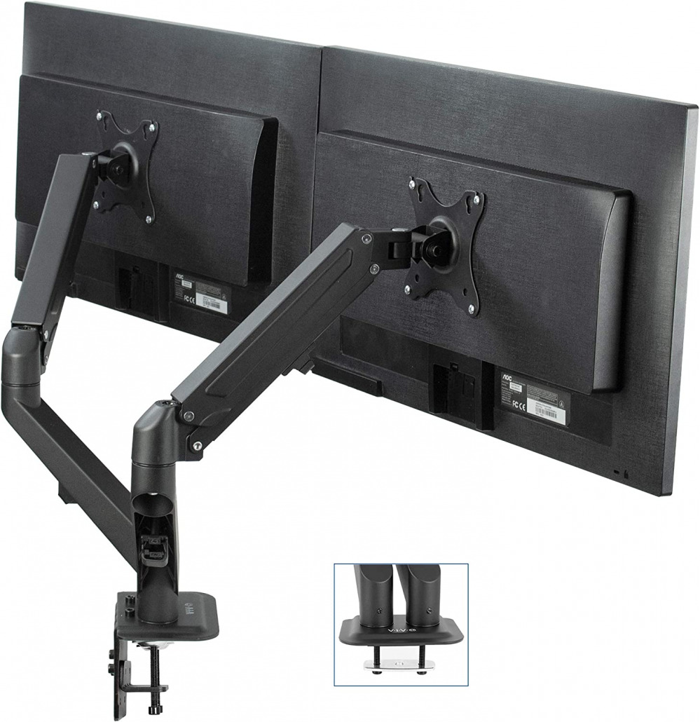 VIVO Articulating Dual 17 to 27 inch Pneumatic Spring Arm Clamp-on Desk Black 