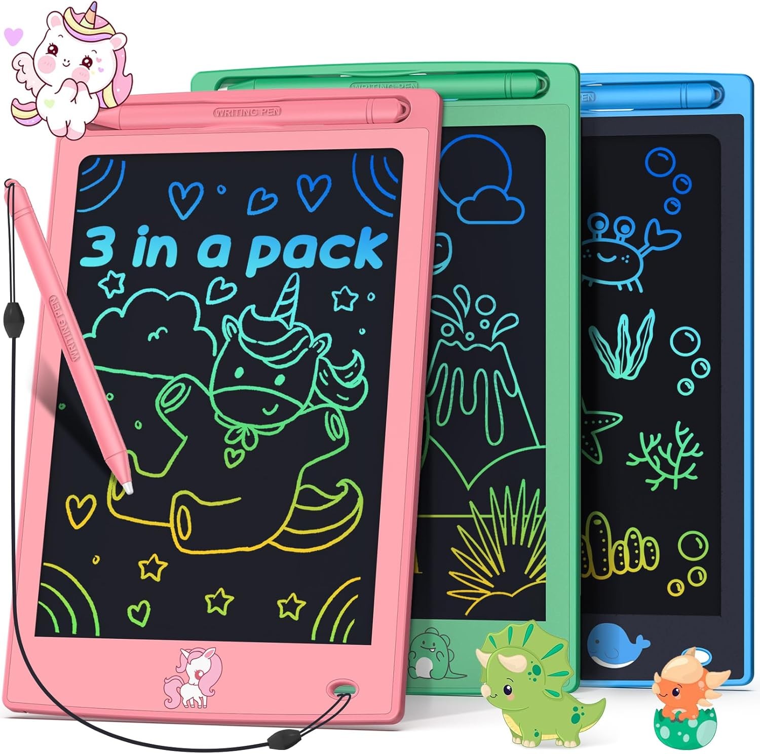 3 Pack LCD Writing Tablets Toy Set for Kids with Dinosaur & Unicorn Designs
