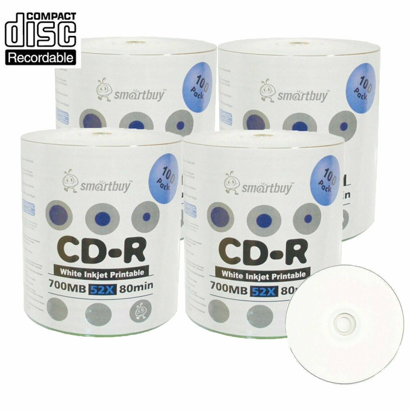 400 Smartbuy CD-R 52X 700MB/80Min White Inkjet Printable Blank Recording Disc