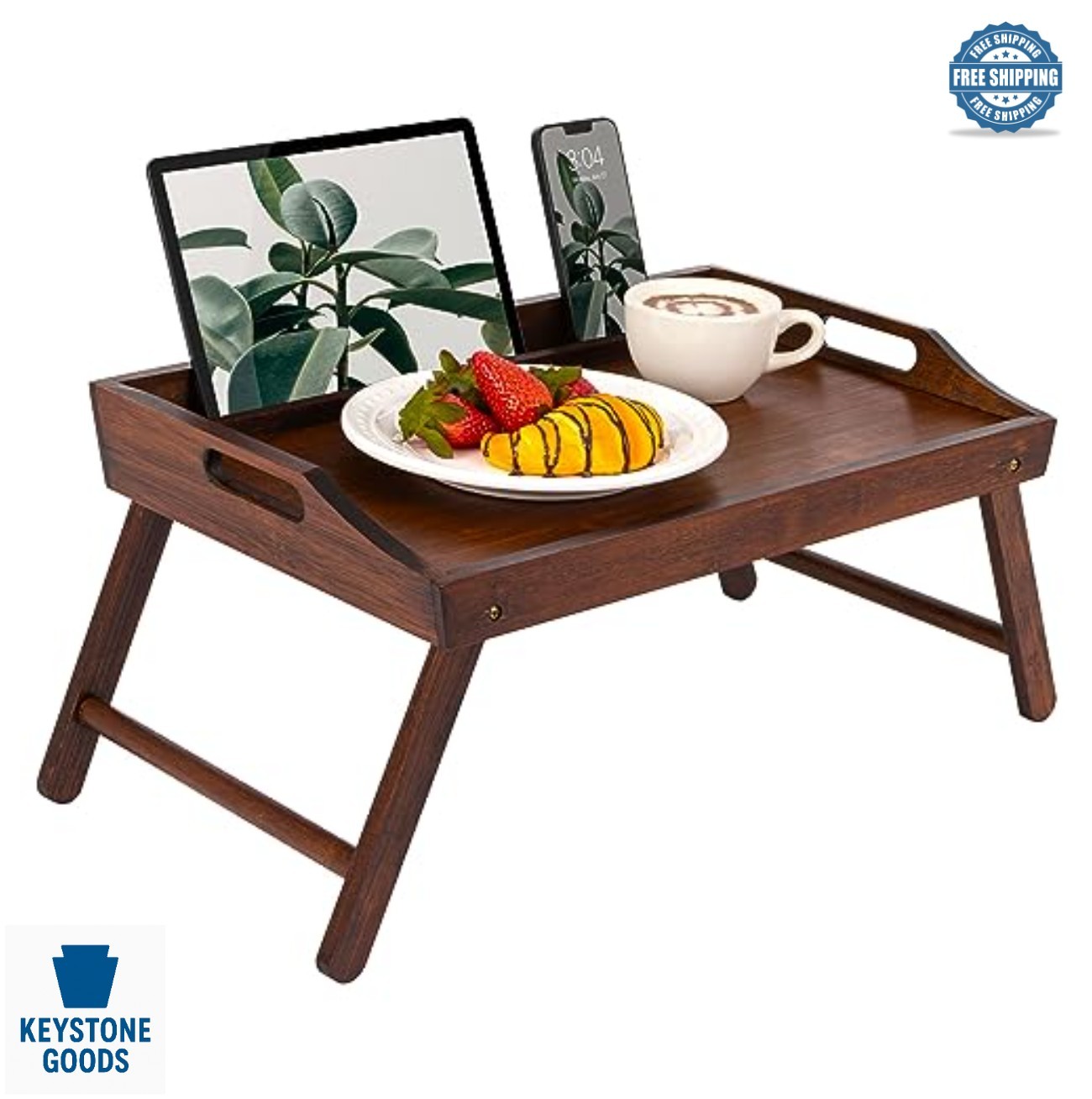 Bamboo Lap Desk Tray for 15.6 Inch Laptop Foldable Wood Bed Table with Phone