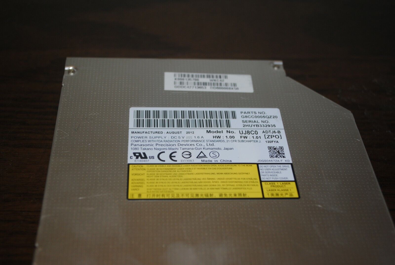 Panasonic Brand DVD Writer Model UJ8CO Dated Aug 2012 5 V 1.6 AMP