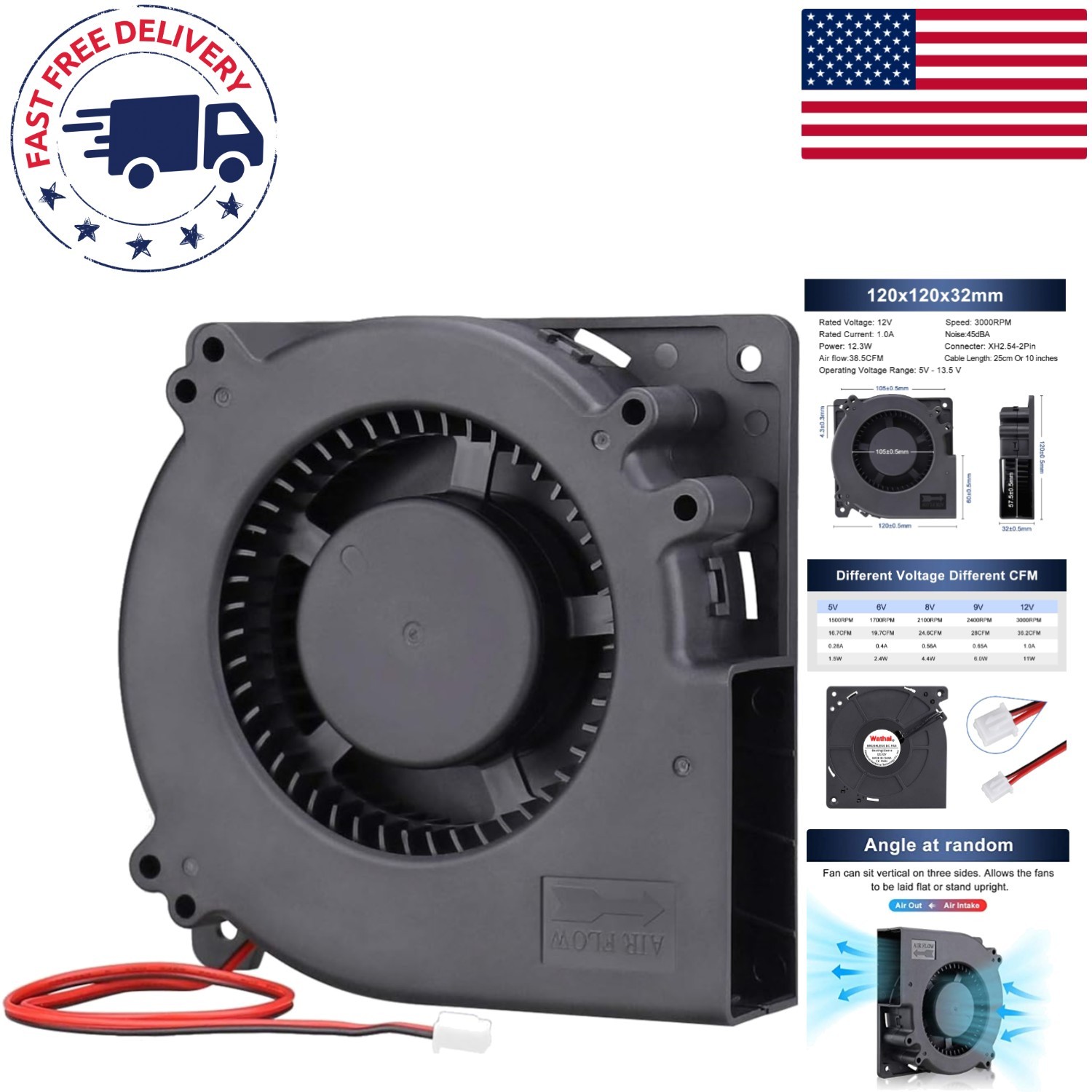 Compact 12V Brushless Blower Fan - 38.5 CFM Airflow Ideal for Cooling Devices