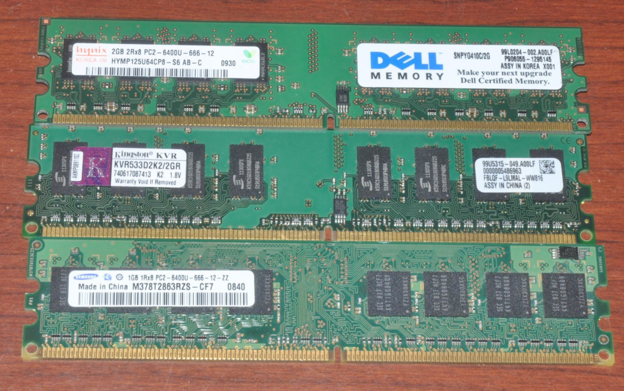 3 DDR2 Desktop Memory Modules 2x 1GB 1x 2GB Mixed Brands and Speed