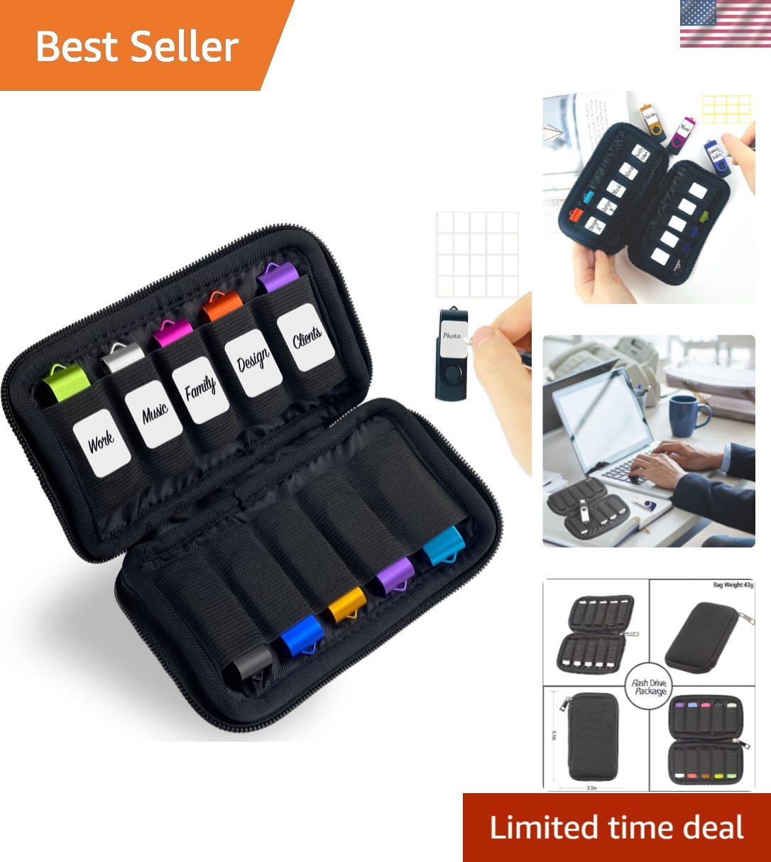 Ultra-Slim Neoprene USB Case with 10 Slots & Identification Labels - Black