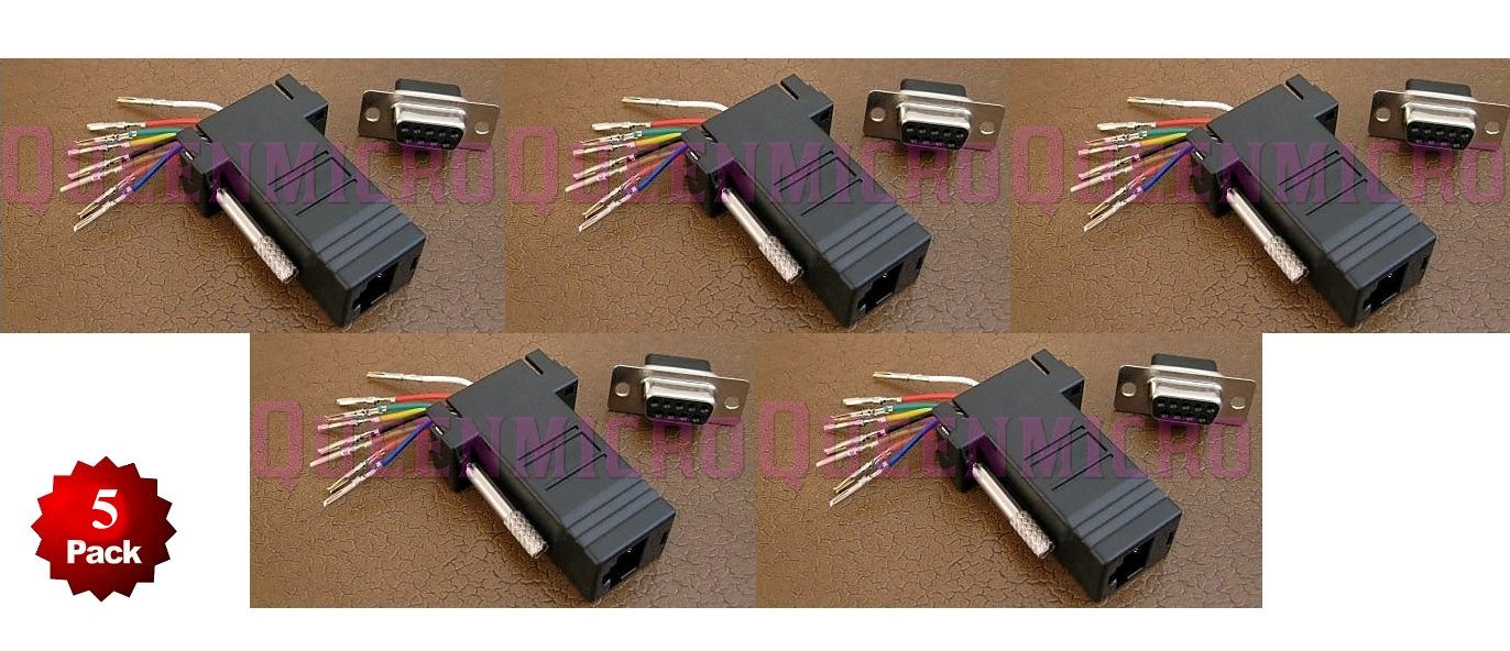 5 Pack DB9 Female to RJ45 Modular Adapter Connector Plug Serial RS-232 Black