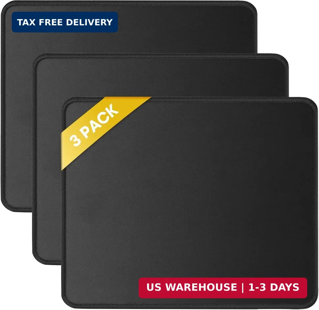 JIKIOU 3 Pack Mouse Pad with Stitched Edge, Perfect Size 10.2x8.3in Black