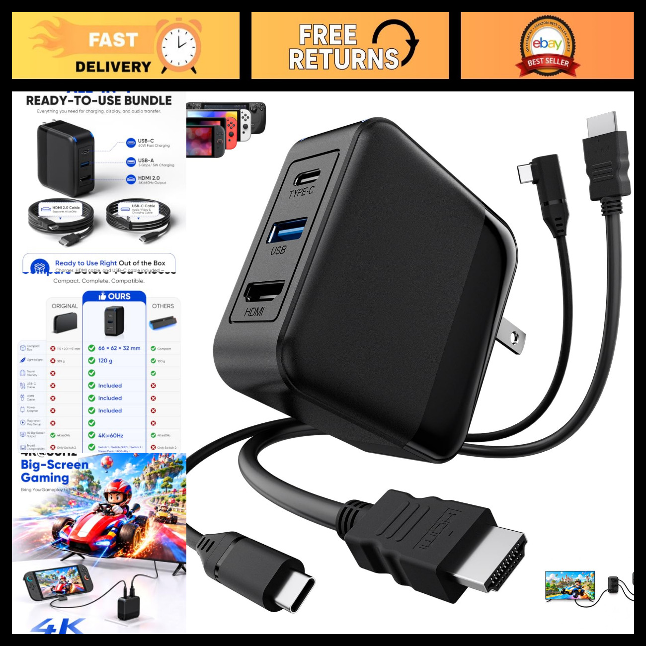 Portable 65W Docking Station Kit with 4K HDMI, Switch 2 Charger & Accessories
