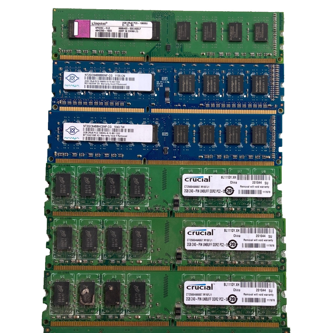 DDR2 Memory Lot 6 2GB Dimm Crucial CT25664AA667 Nanya PC3-10600U Kingston Comput