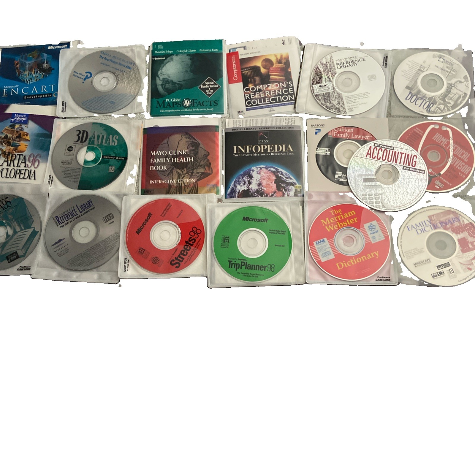  CD-ROMs Lot Encarta 99, information reference, Atlas health, accounting maps