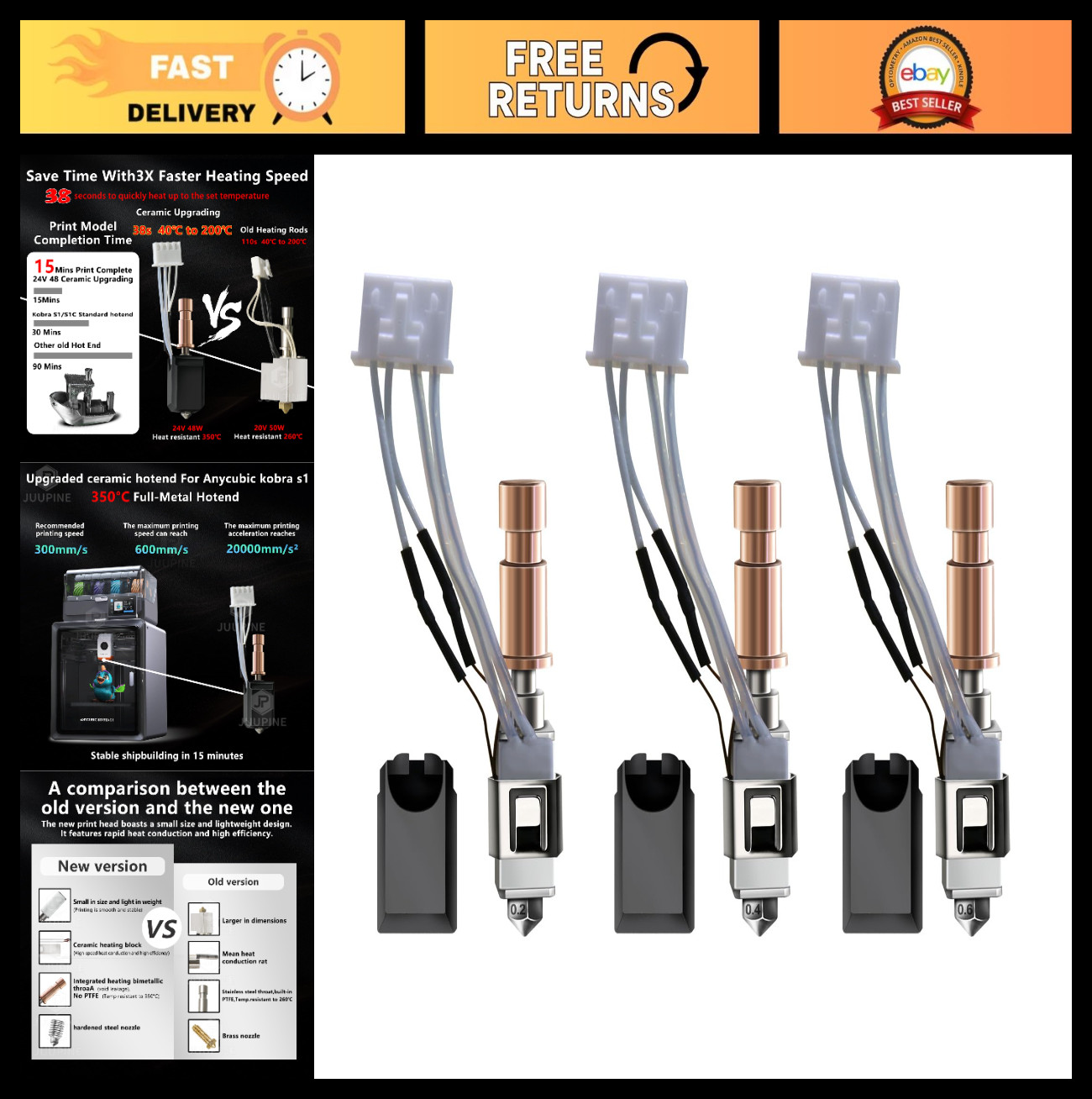 3 Pack Ceramic Hotend Kit for 3D Printers - 0.2MM, 0.4MM, 0.6MM Nozzles, Heater