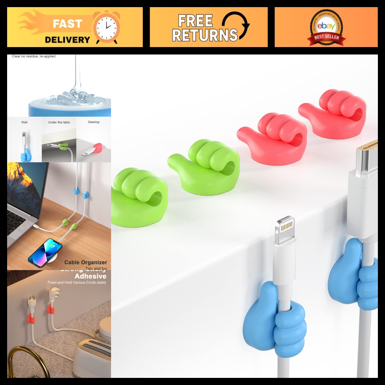 12 Pack Cable Clips, Thumbs Up Cord Organizer for Wire Management & Neatness