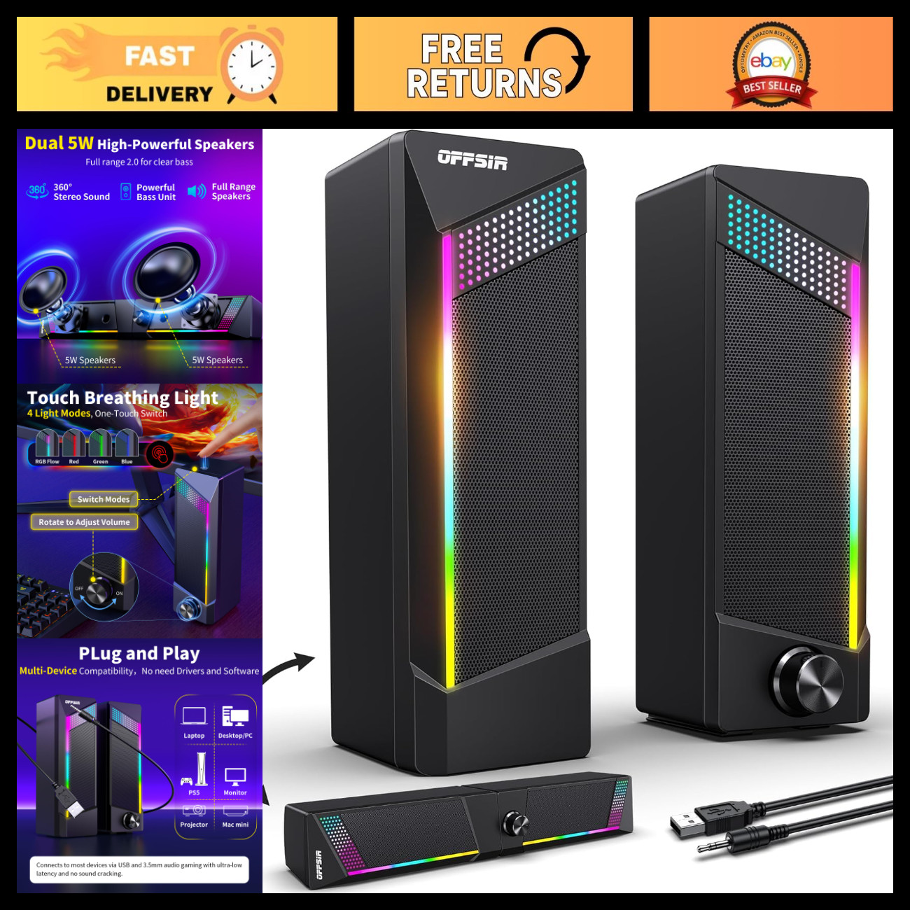 RGB Gaming Speakers for PC, Laptop & Desktop - USB Powered 2 in 1 Touch Control