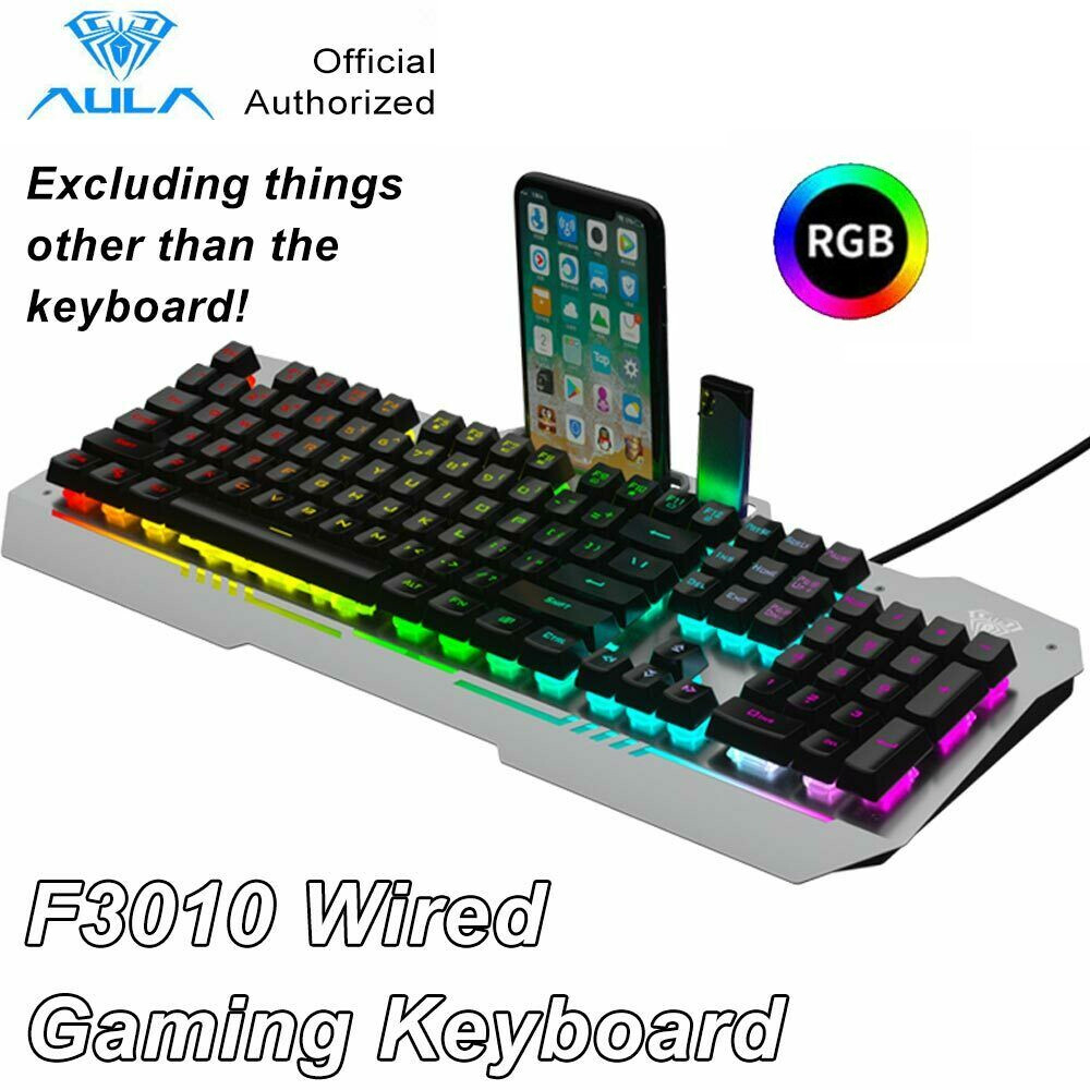 AULA F3010 RGB LED Backlight USB Wired Gaming Keyboard 104 Keys W/ Phone Holder