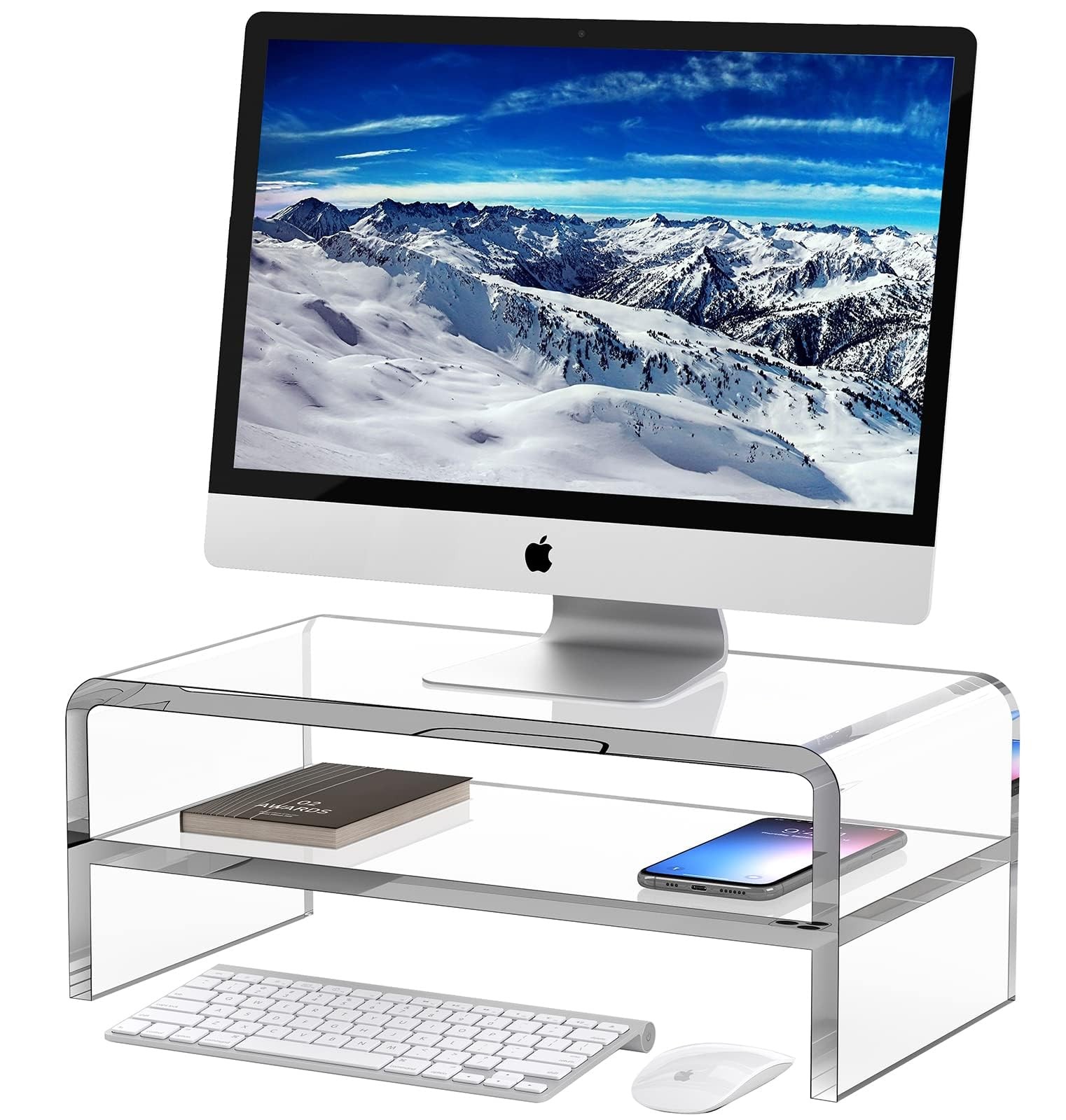 Acrylic Monitor Stand 2 Tiers Clear Computer Desk Riser 5.12 Inches Hight