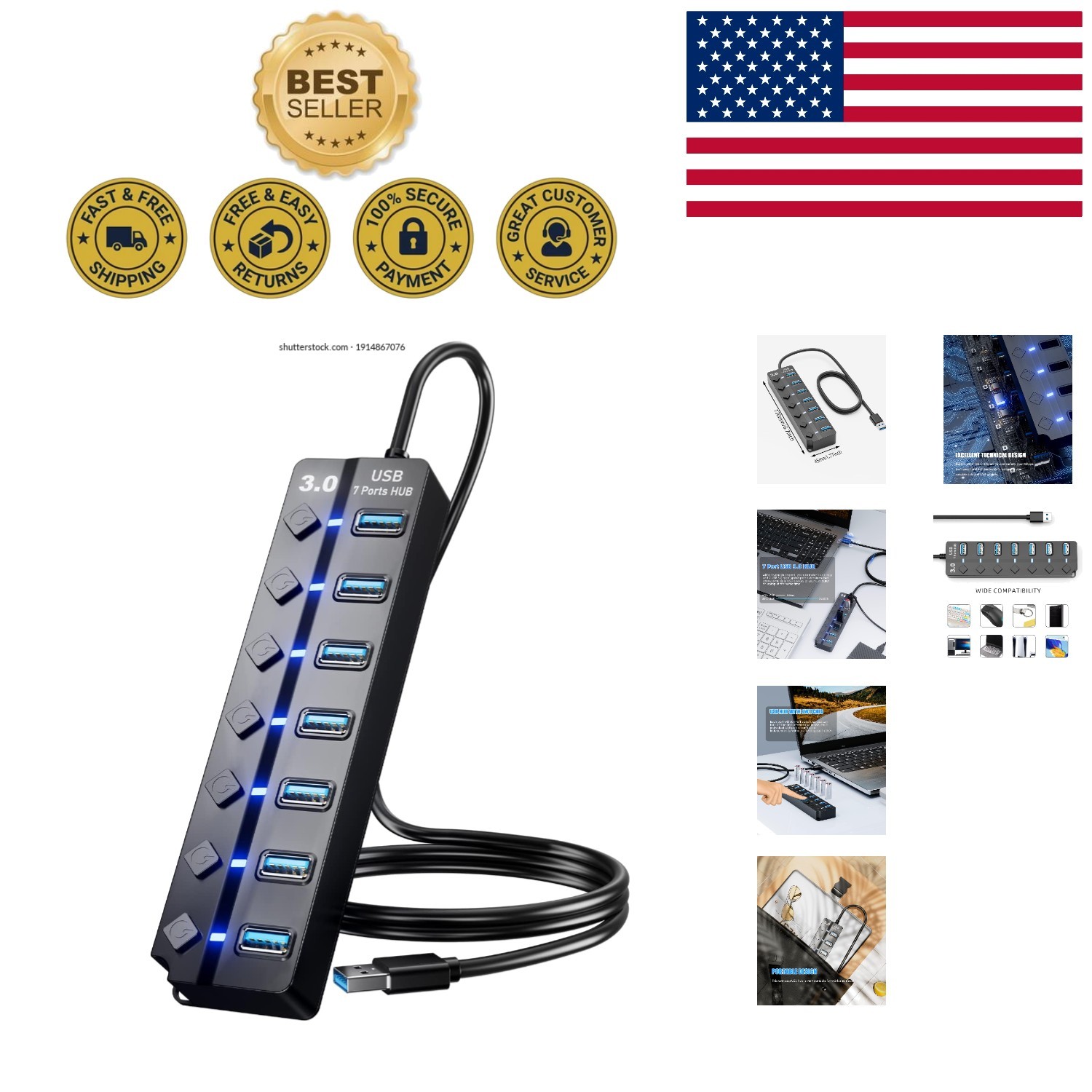 USB 3.0 Hub Splitter - 7-Port Design with 3ft Cable for Ultimate Flexibility