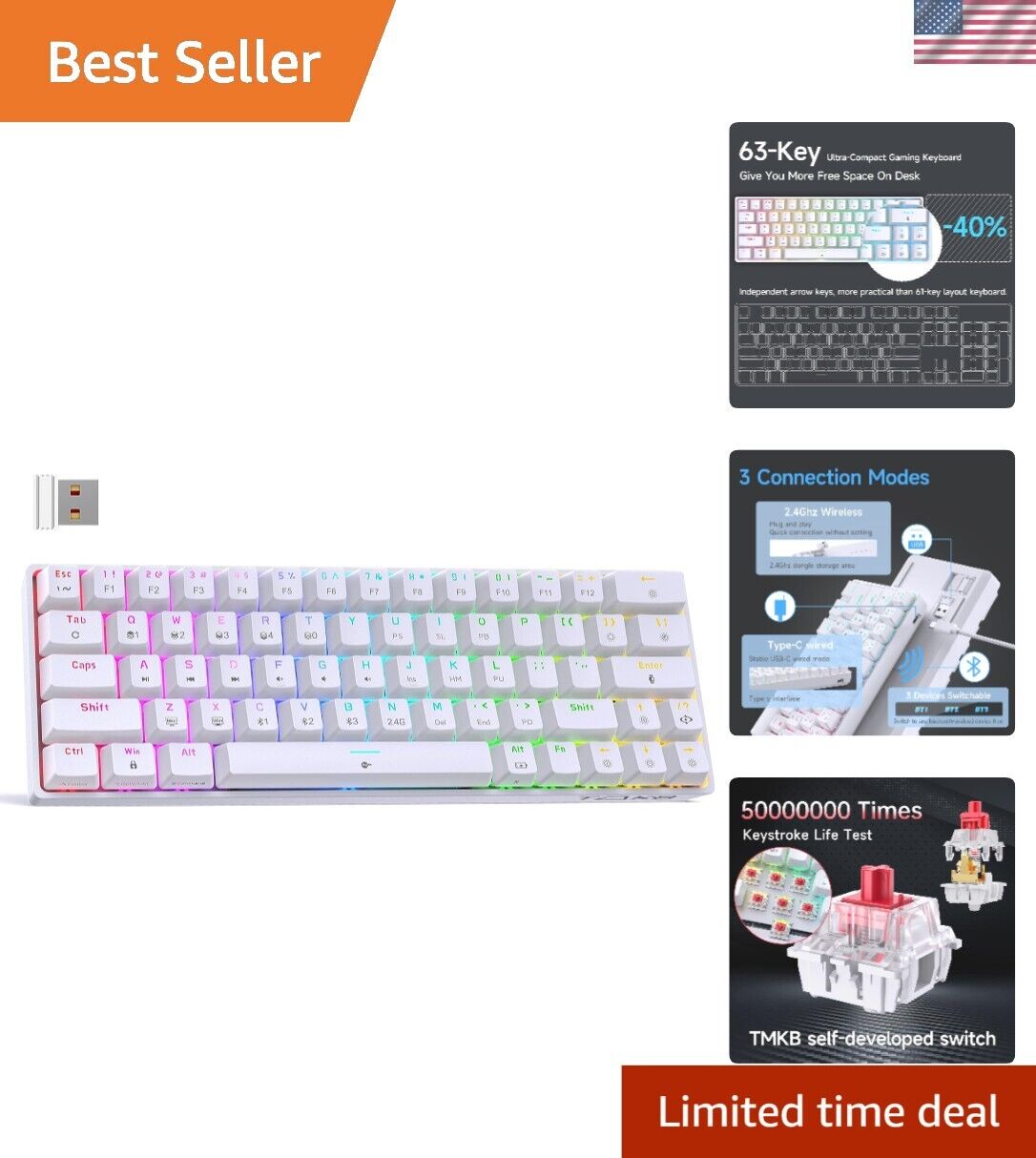 Sleek 60% Wireless Mechanical Gaming Keyboard | RGB Backlit 63 Keys | Quiet R...