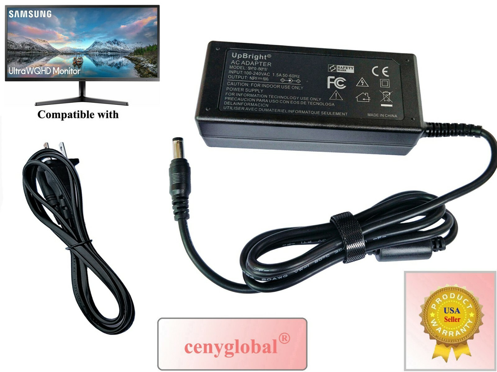 AC Power Adapter For Samsung 32" FHD CF39M Monitor C32F39MFU C32F39NFU C32F39PFU