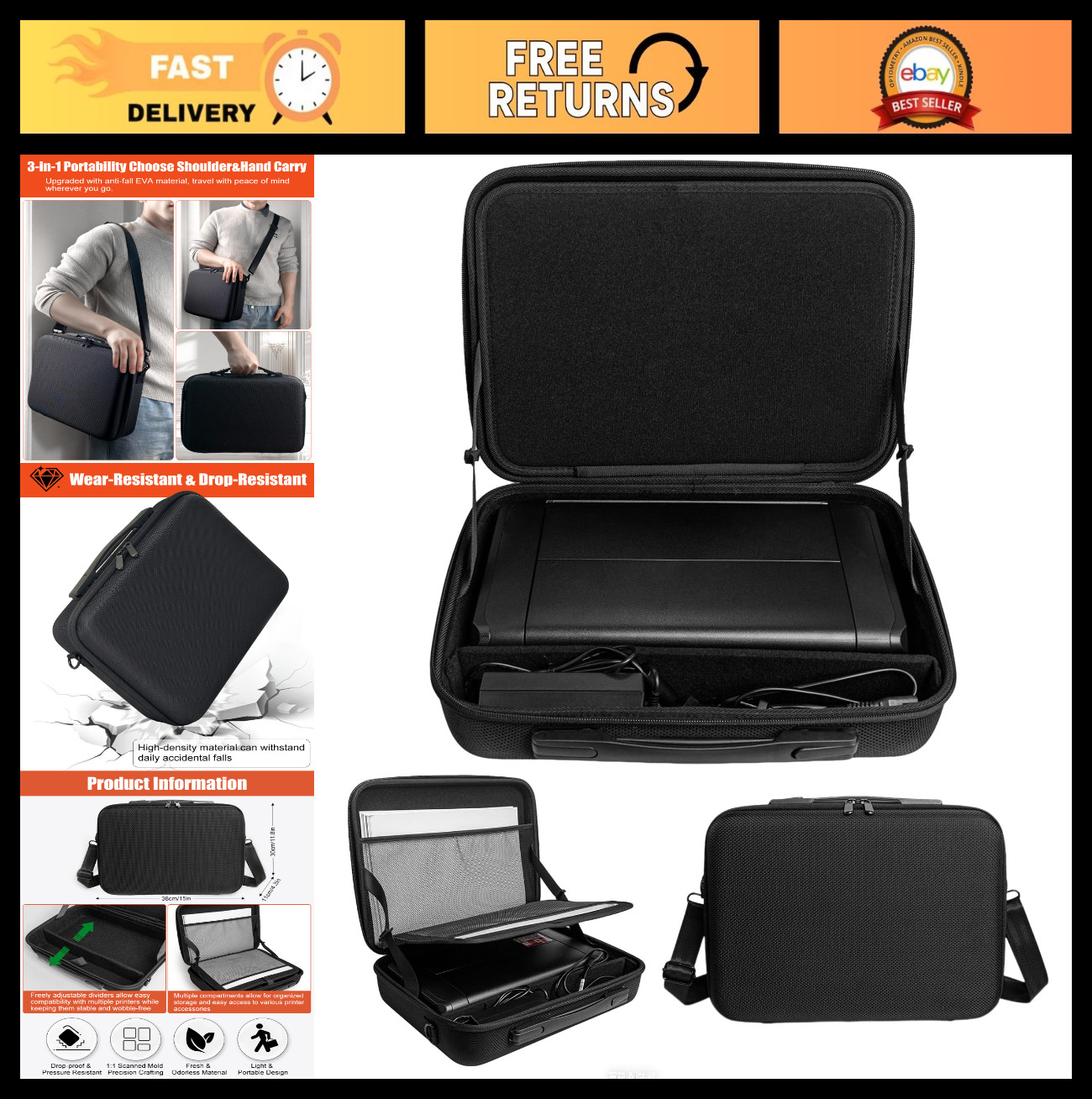 Portable Printer Carrying Case - Hard Shell Shockproof Travel Bag, Adjustable Di