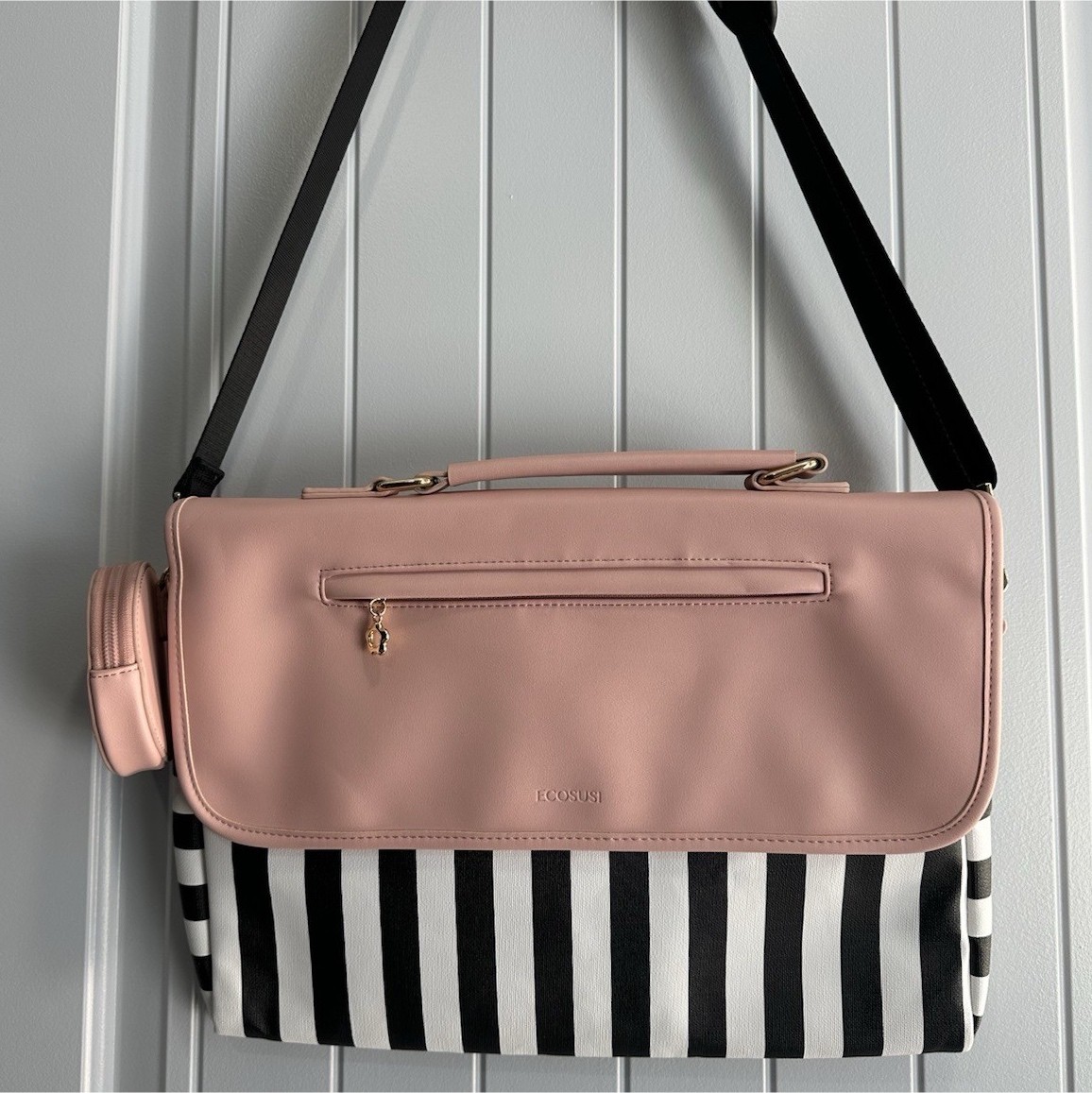 ECOSUSI Striped Pink Black White laptop Bag Adjustable Strap Button Zipper