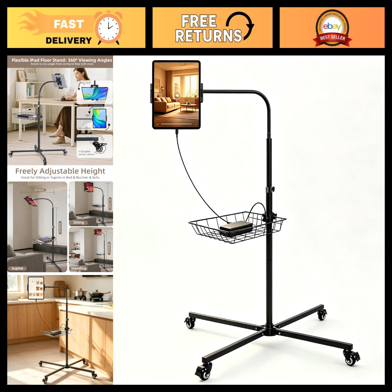 Adjustable Rolling Tablet Floor Stand with Wheels - Bed Mount for 4.7-13" Device